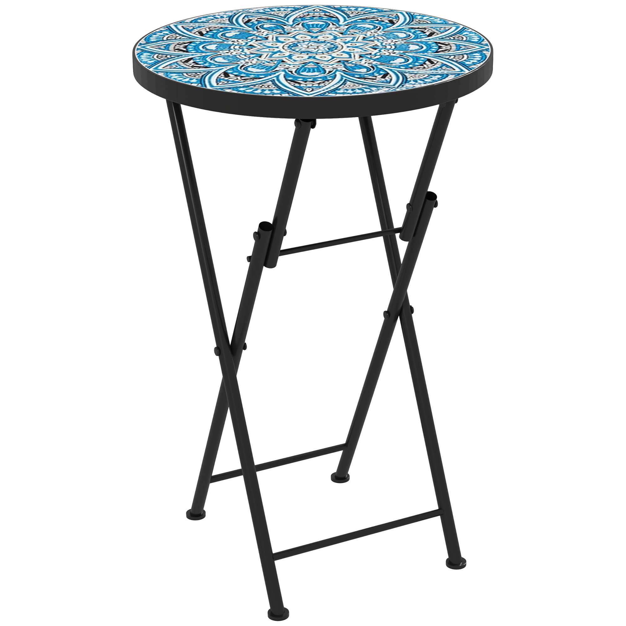 Outsunny Mosaik-Gartentisch, Faltbarer runder Terrassentisch mit Metallrahmen und Keramik-Tischplatte, Mosaik-Muster, Blau