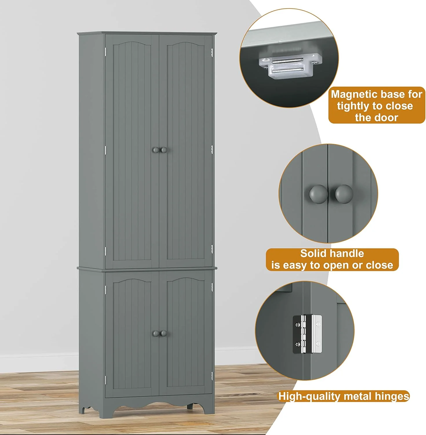Tall Pantry Cabinet, Freestanding Storage Cabinet, Wooden Kitchen Pantry with 4 Doors and 5 Shelves, 72