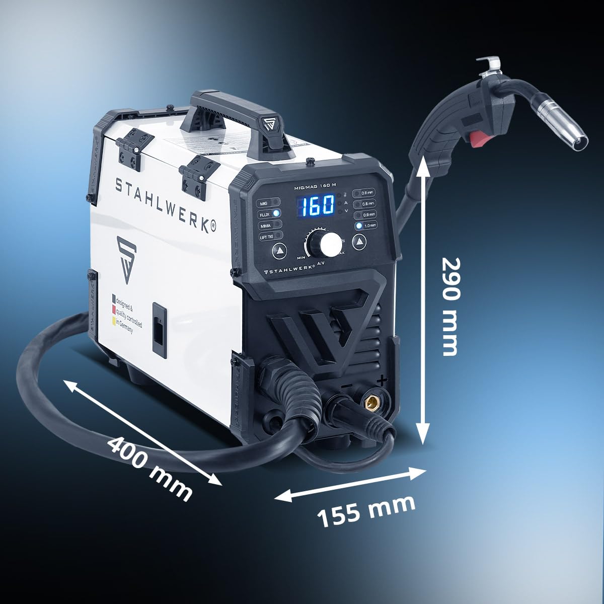 Schutzgasschweißgerät MIG/MAG 160 M 20–160 A 5-in-1 Inverter IGBT Flux MMA DC-Lift-TIG Digitalpanel