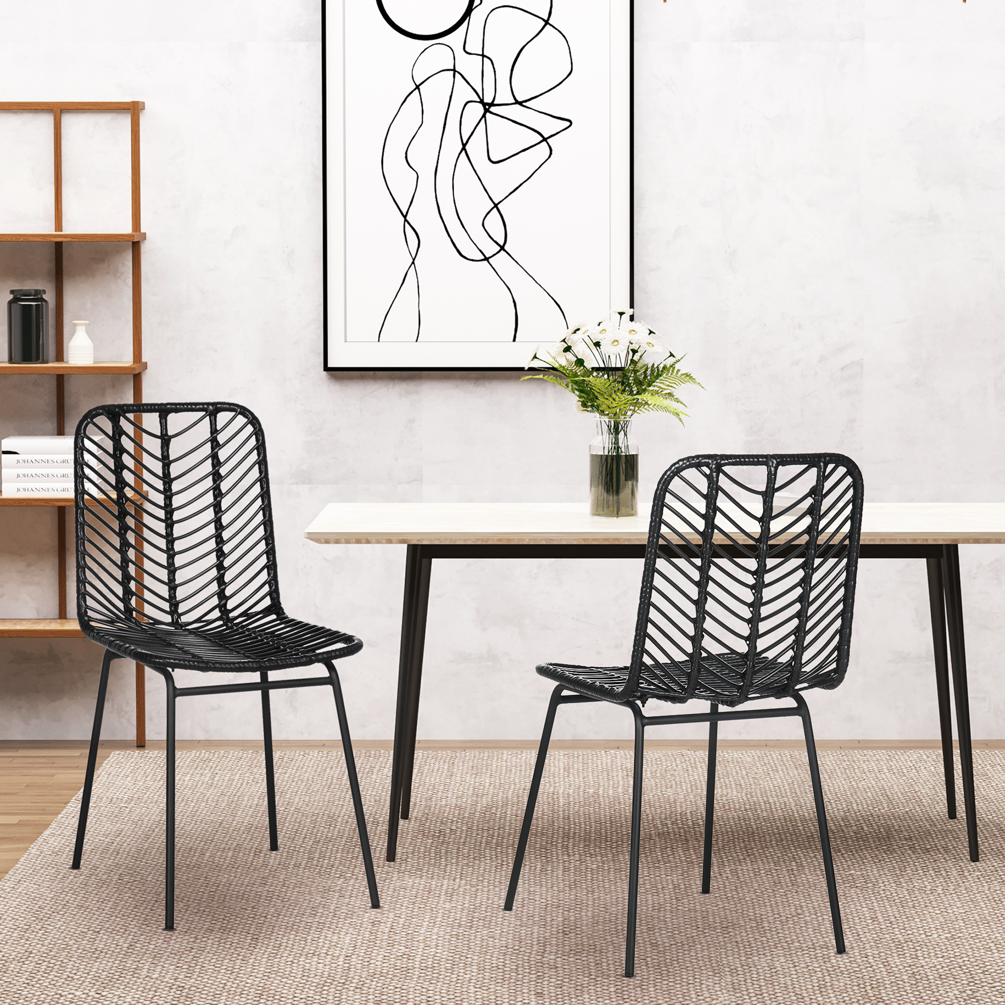 HOMCOM 2er-Set Esszimmerstühle Aktzentstühle Küchenstühle, Boho-Stil, Rattan,  44 cm x 58 cm x 85 cm, Schwarz