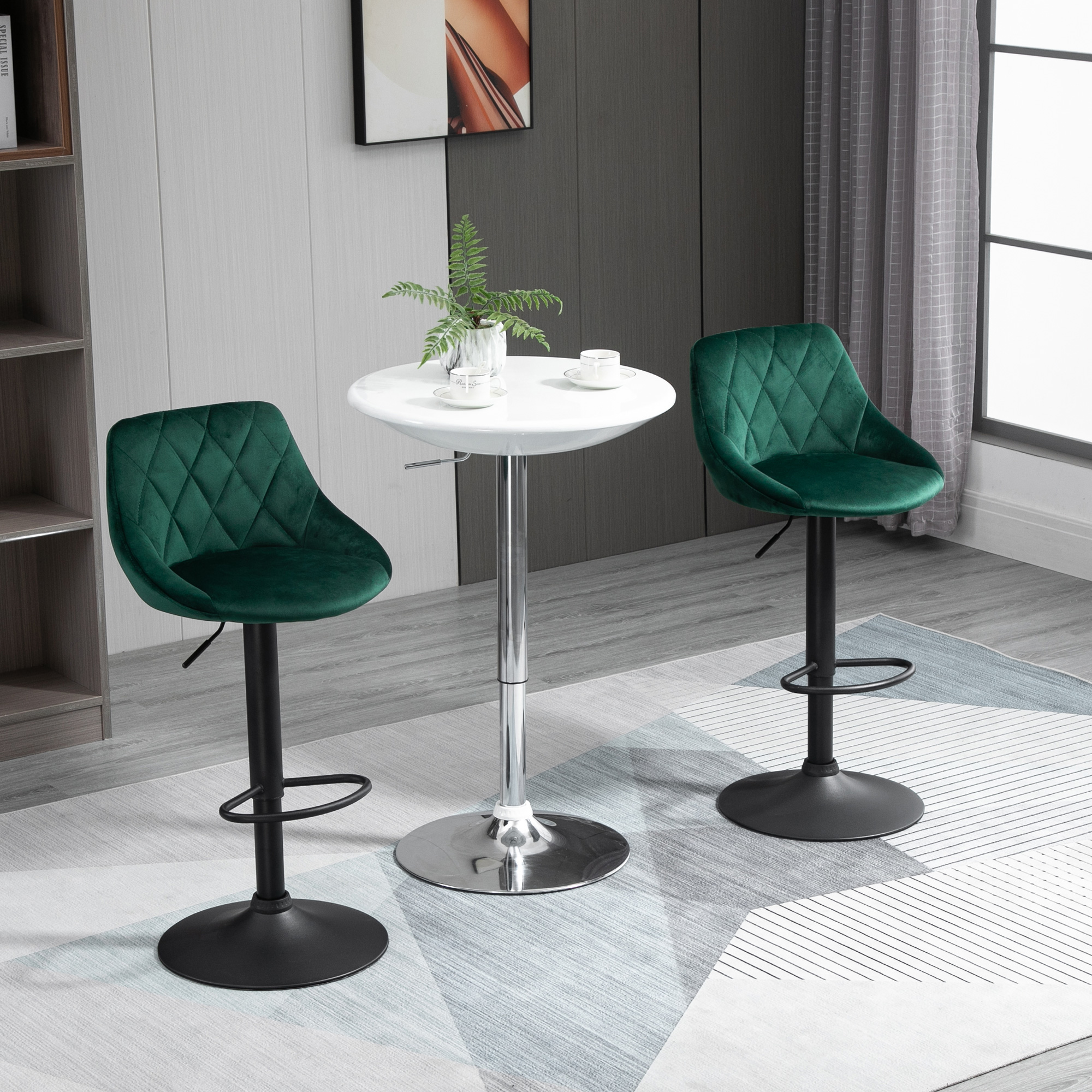 HOMCOM Set 2 Barhocker, Höhenverstellbar mit Metallbasis und Samtsitz, Moderne Hocker mit Rückenlehne und Fußstütze, 46x48x83-104 cm, Dunkelgrün