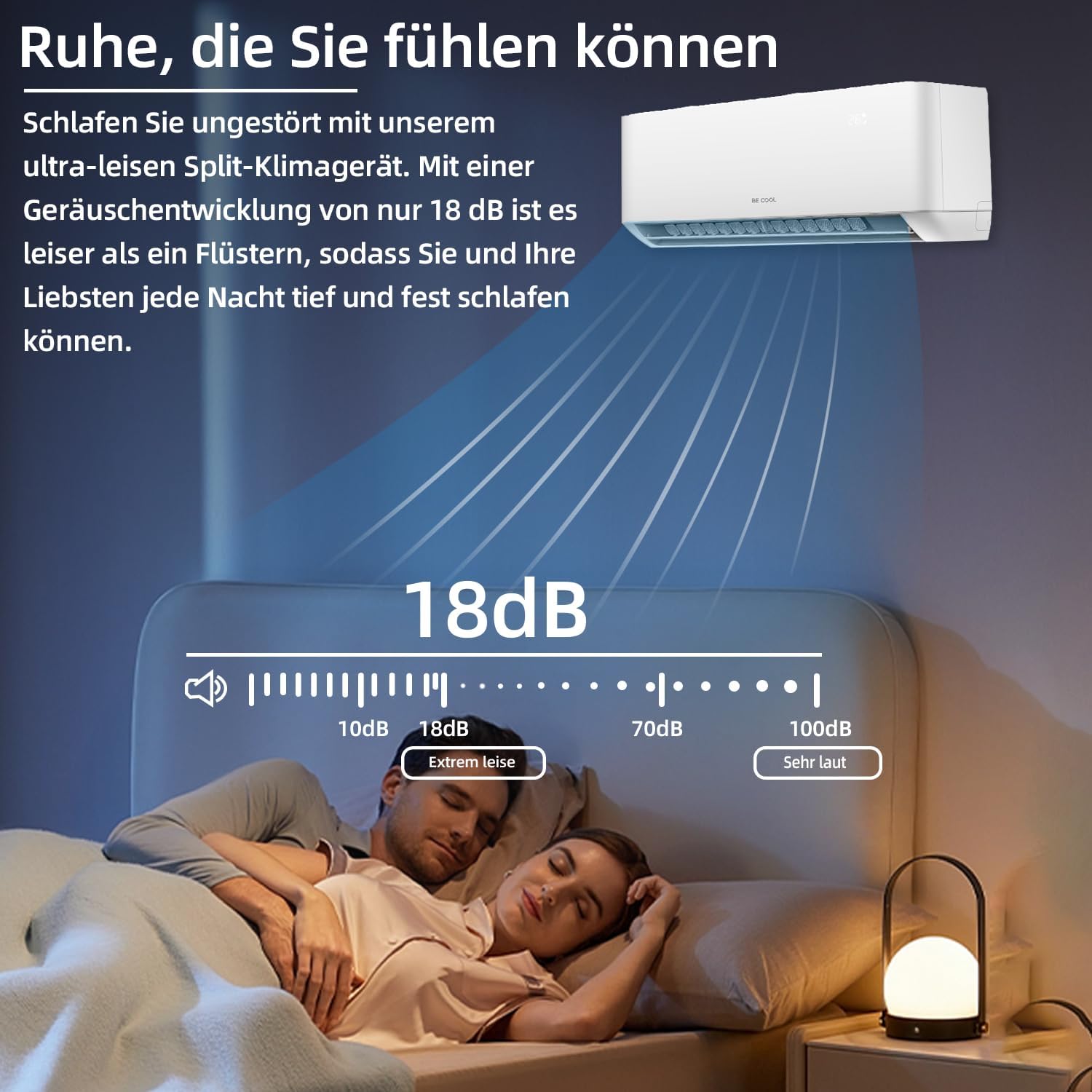 BE COOL Premium Split-Klimagerät 18.000 BTU mit Quick Connect – Kühlen: 5100 Watt/Heizen: 5100 Watt, EEK A++ / A+, max. 160 m³, 4m Quick Connector, WiFi, Fernbedienung, Premium-Funktionen – weiß