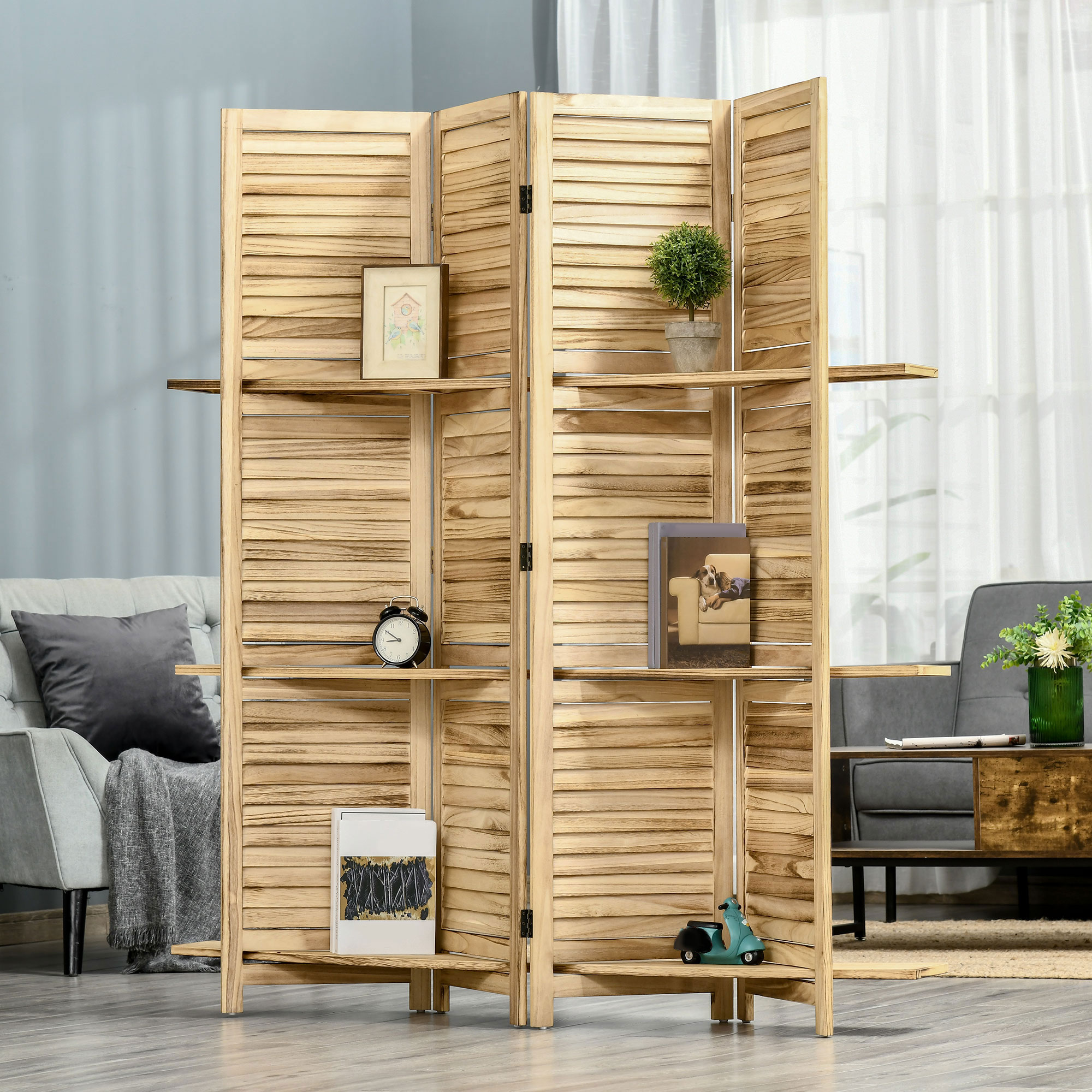 HOMCOM Innenraum-Paravent 4 Panels 3 Regale faltbarer Raumteiler Lamellentüren Paulownia-Holz Kiefernautoklav-Optik