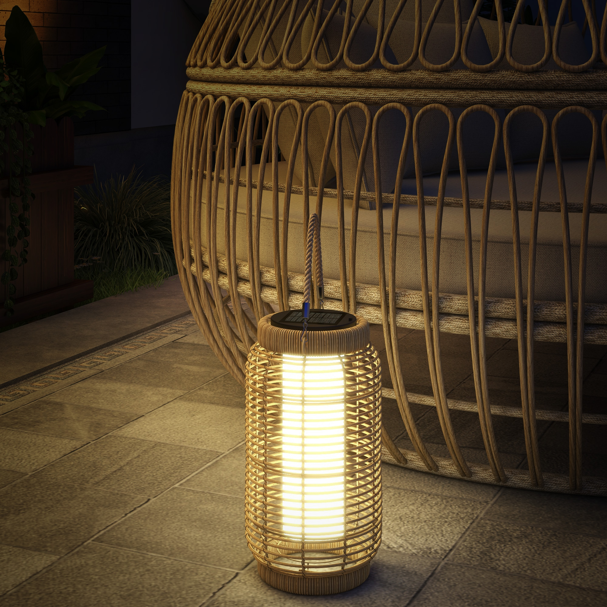 Outsunny Solar-Stehlaterne aus geflochtenem Kunststoffrattan LED-Gartenleuchte aus Stahl mit automatischer Ein/Aus-Funktion sand