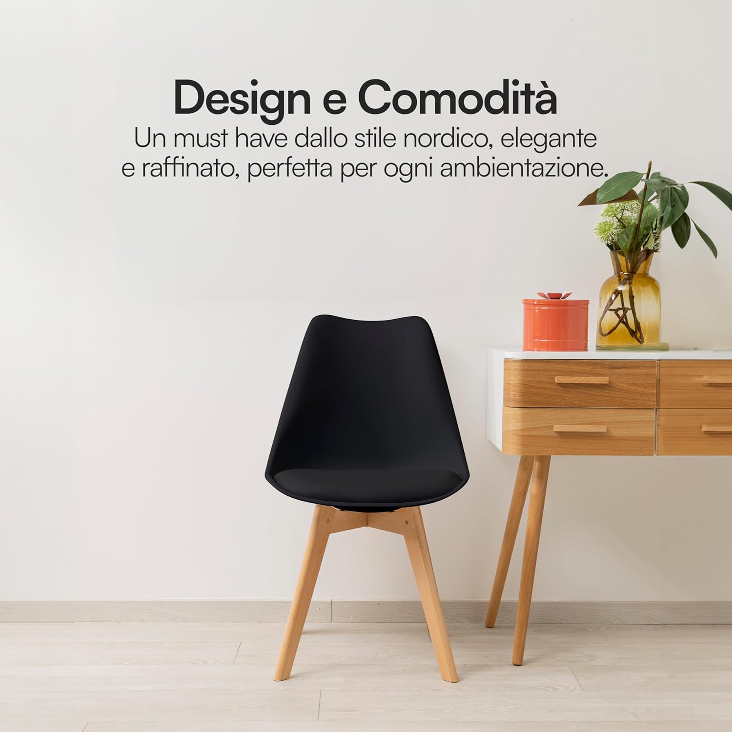 Baroni Home Set di 4 Sedie da Pranzo o Ufficio con Gambe in Legno, Sedia Ergonomica con Cuscino Integrato 57X48X79 cm Bianco