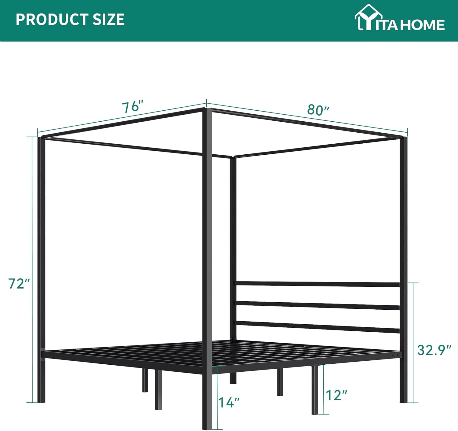 YITAHOME Metal Four Poster Canopy Bed Frame King Size, 14 Inch Platform with Built-in Headboard Strong Metal Slat Mattress Support, No Box Spring Needed, Black