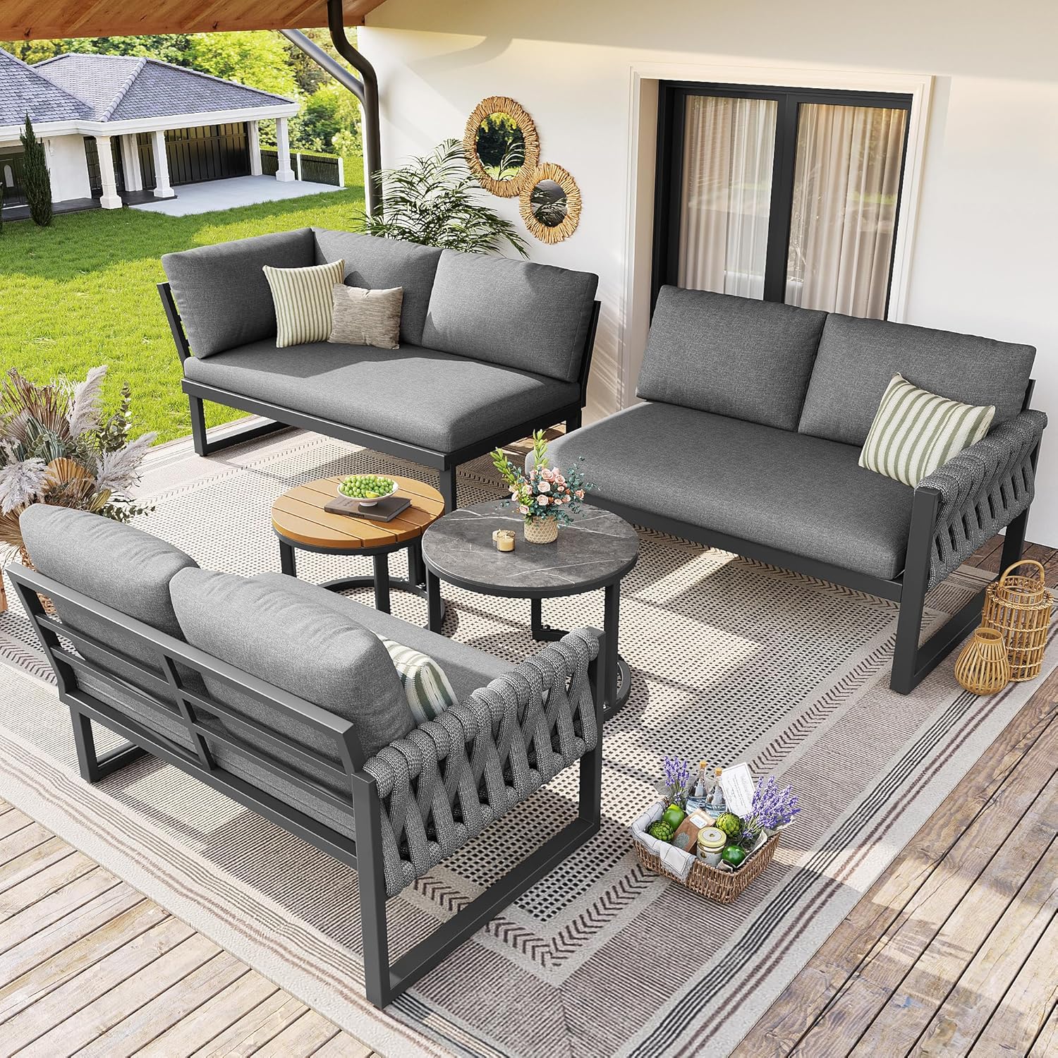 Garten Lounge Set für 5-6 Personen, Ecksofa und Sessel-Sofa mit Höhenverstellbaren Tischbeinen, Abnehmbaren Wasserabweisenden Kissen, Modular für Balkon Garten Terrasse, B - Grau