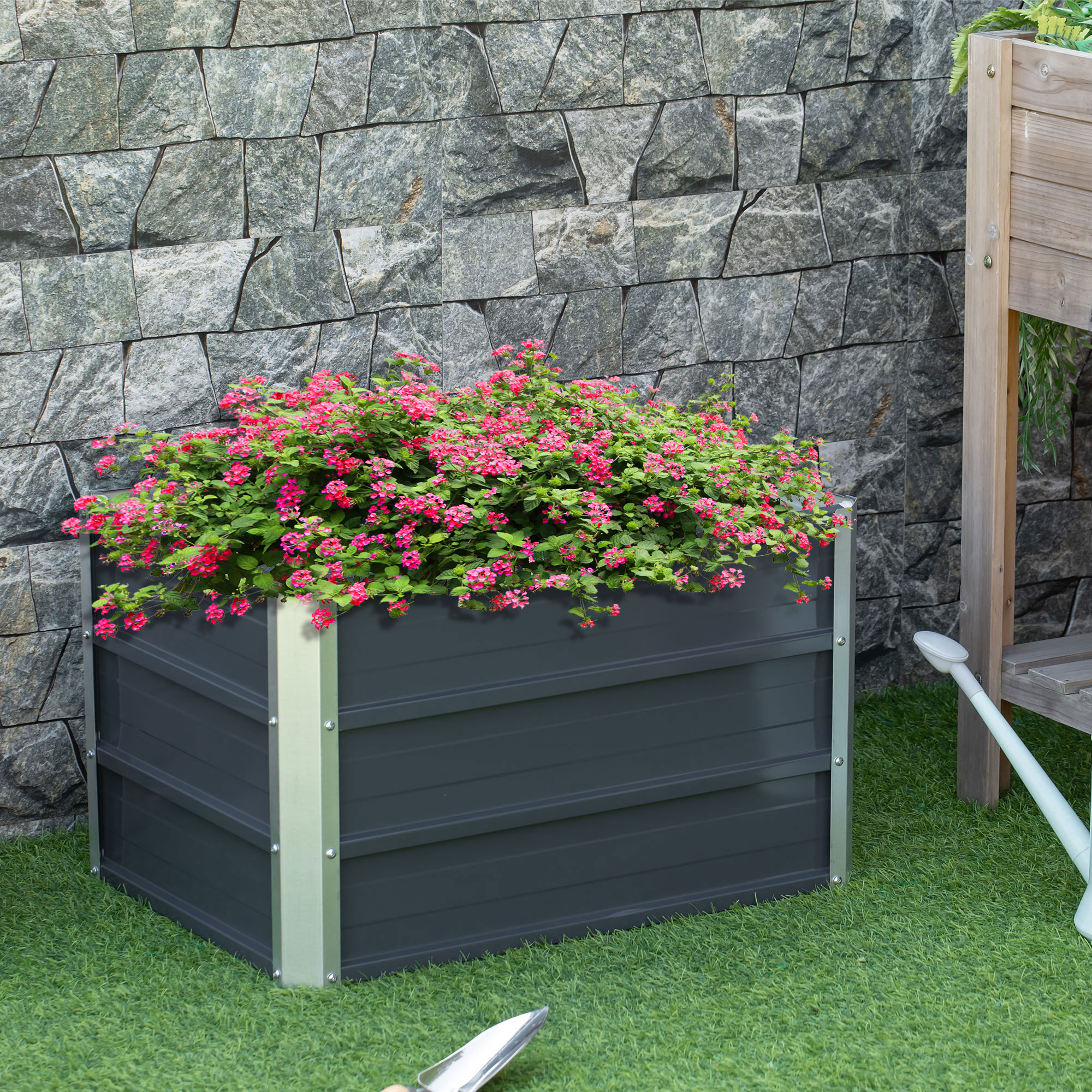 Outsunny Hochbeet aus Stahl Gartenbeet Pflanzkasten Blumenkasten Blumenkübel mit Handschuhe Dunkelgrau 66 x 47 x 40 cm