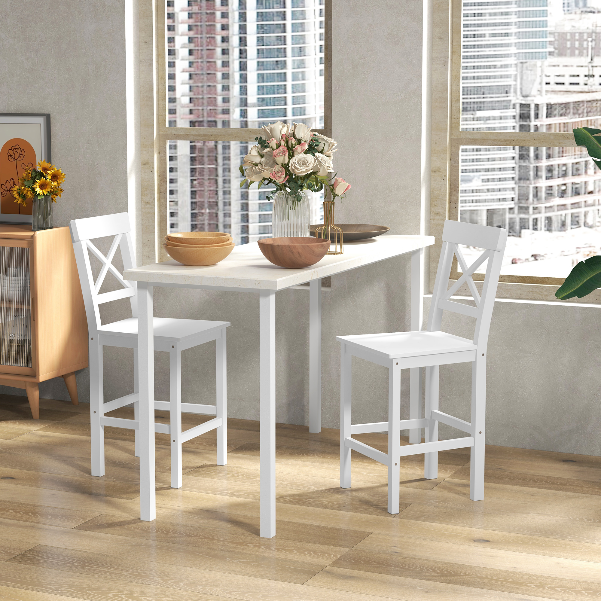HOMCOM Set von 2 Barhockern, Barhocker im Landhausstil aus Holz, 60 cm Höhe mit Fußstütze, weiß