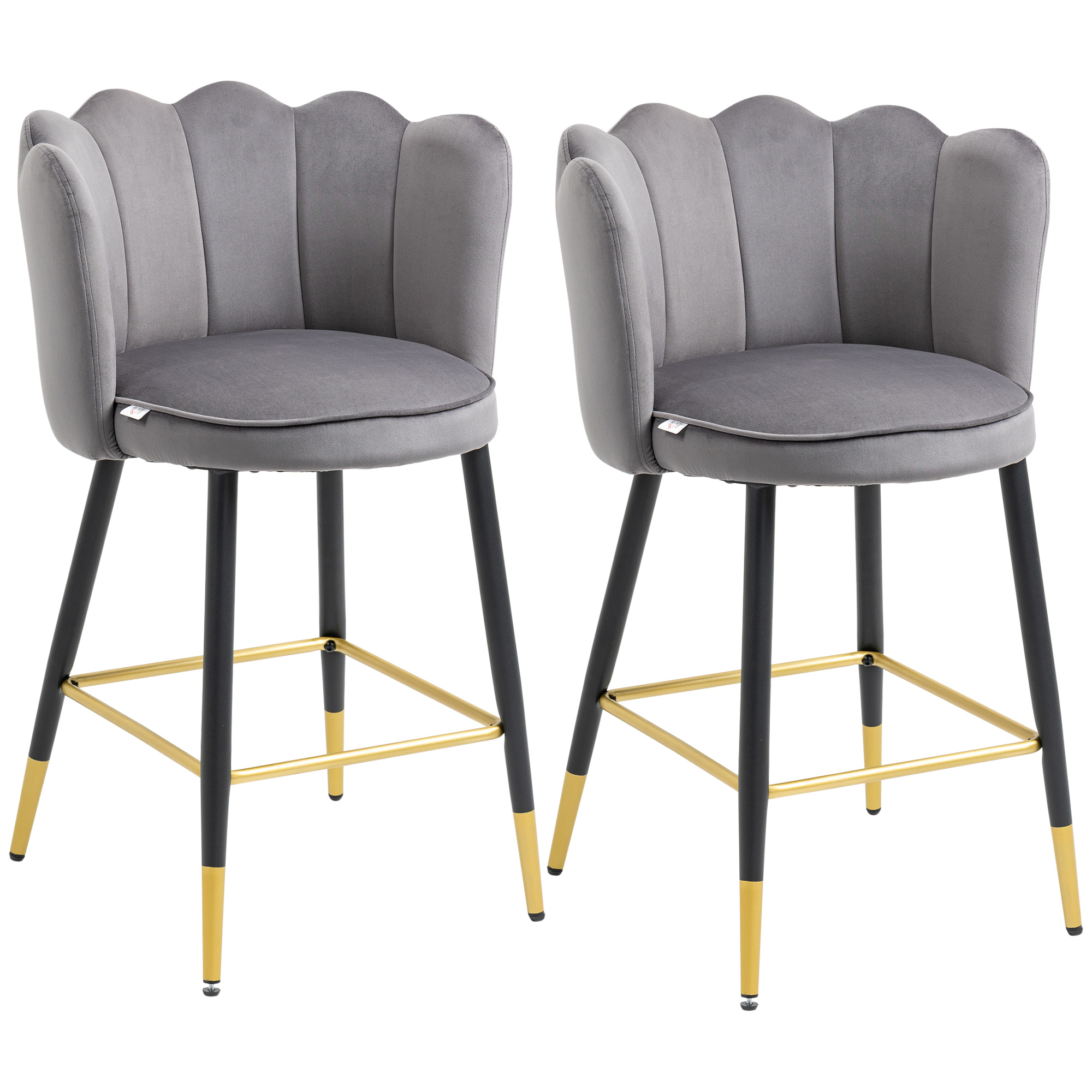 HOMCOM Set mit 2 Samt Barhockern mit Fußstütze und Stahlbasis, 59x52x90cm, Grau
