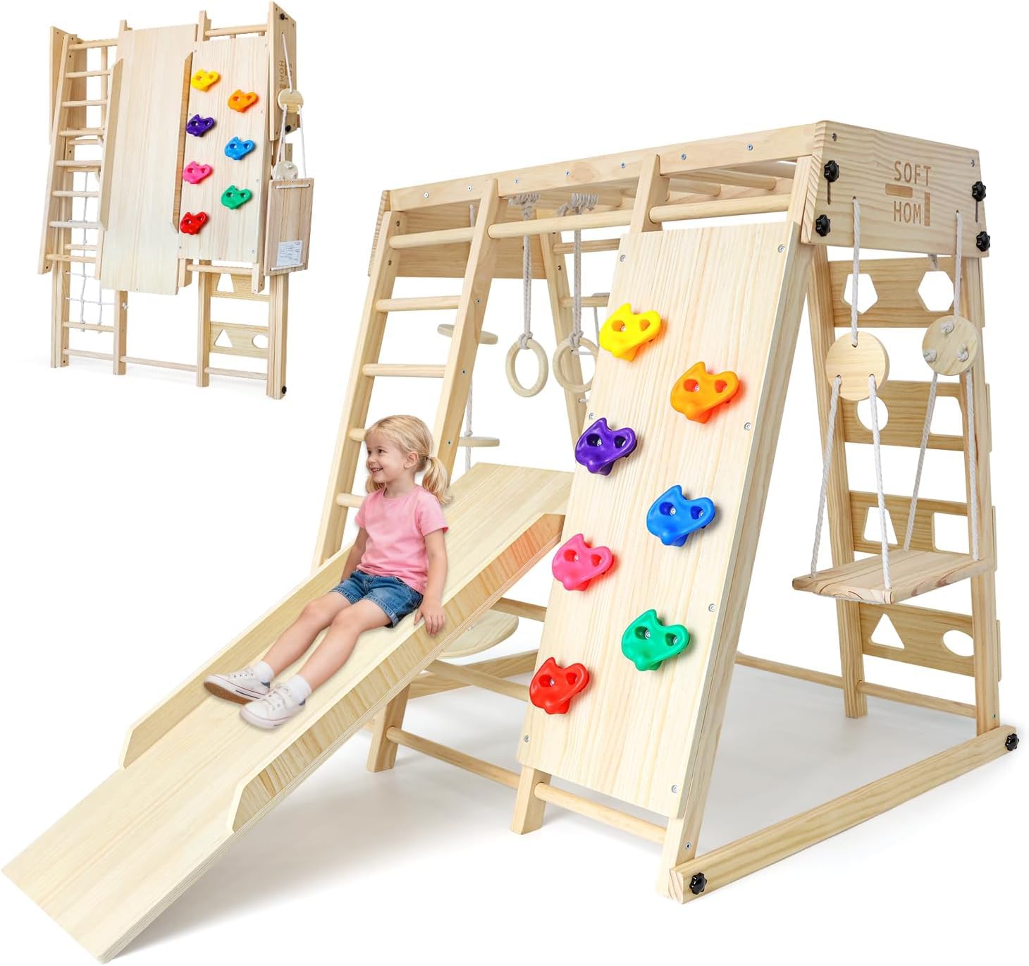 Klettergerüst klappbar für Kinder ab 1 Jahr, 10-in-1 Indoor Spielplatz aus Kiefernholz
