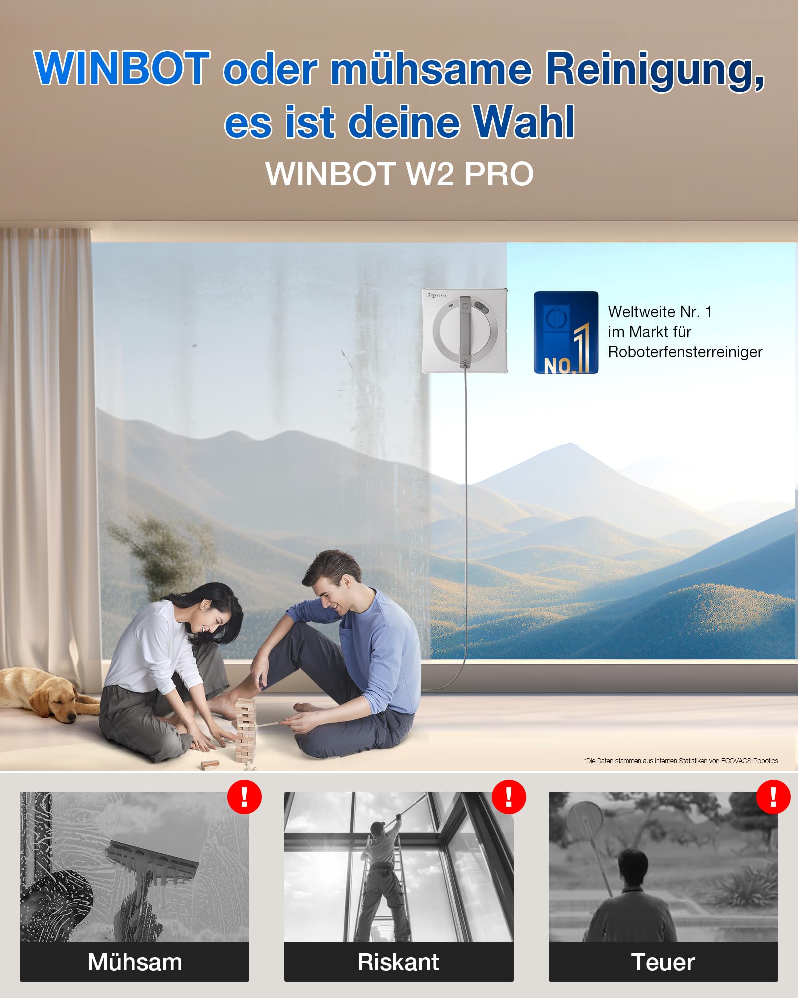 Ecovacs Winbot W2 Pro Fensterputzroboter mit automatischer Reinigung, App Steuerung und Randreinigung