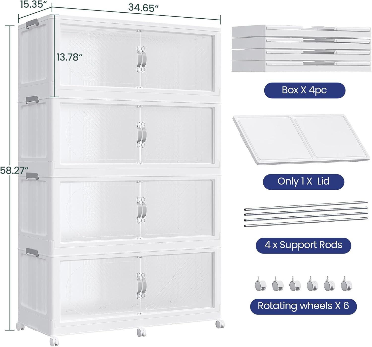 960QT Extra Large Stackable Storage Bins with Lid, 240Gal Plastic Closet Organizers and Storage Drawer, Collapsible Cabinet Box with Wheels Clear Doors for Home Kitchen Office, 4Pack White