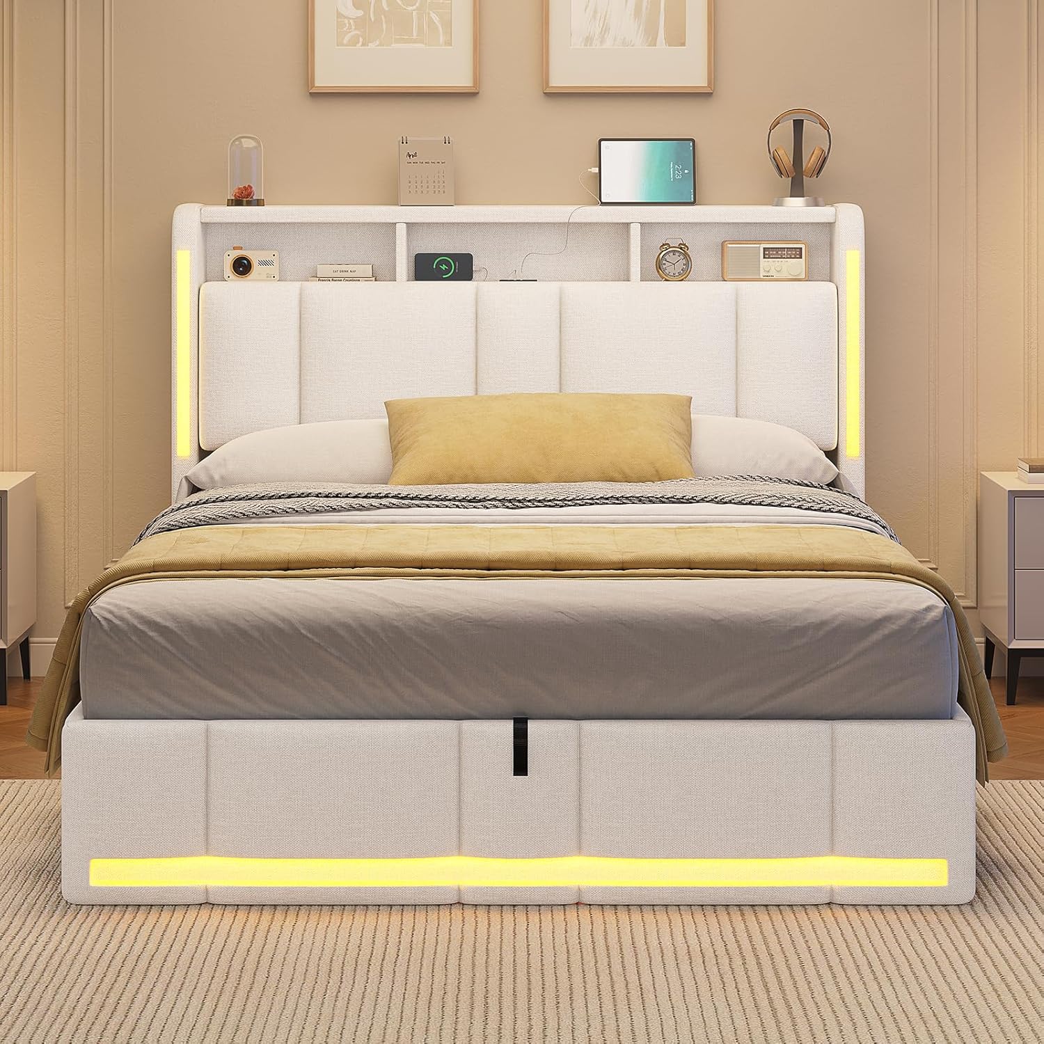 AOGLLATI Polsterbett 140×200 mit Steckdosen & LED Beleuchtung, Doppelbett mit Stauraum Kopfteil & Hydraulischem Stauraum, Bettgestell mit Lattenrost, Jugendbett 140×200, Linen, Ohne Matratze, Beige