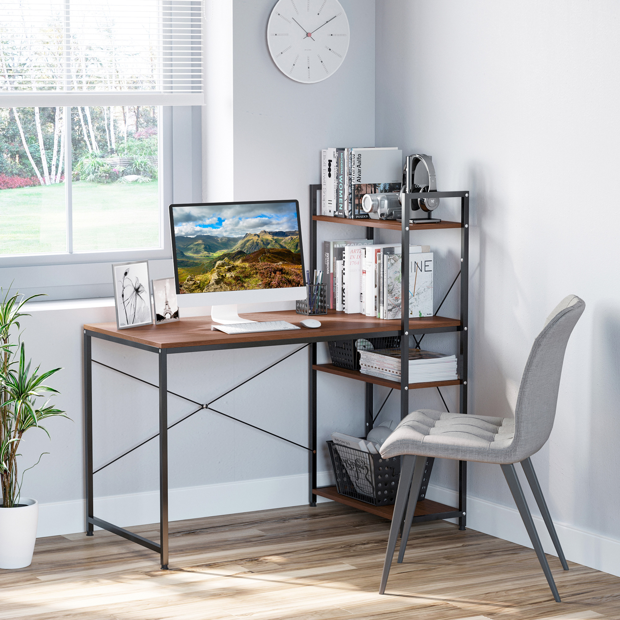 HOMCOM Schreibtisch Computertisch Arbeitstisch Bürotisch mit Regal Schwarz 120x64x121cm