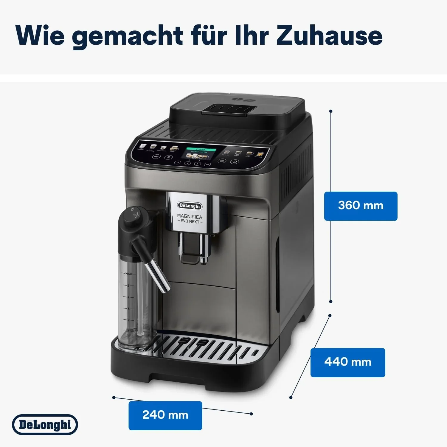 De'Longhi Magnifica Evo Next ECAM312.80.TB, Kaffeevollautomat mit 13 Getr?nken (Cappuccino, Espresso, Latte Macchiato), 2,4'' TFT Farbdisplay, LatteCrema Milchsystem, 2-Tassen-Funktion, Titan