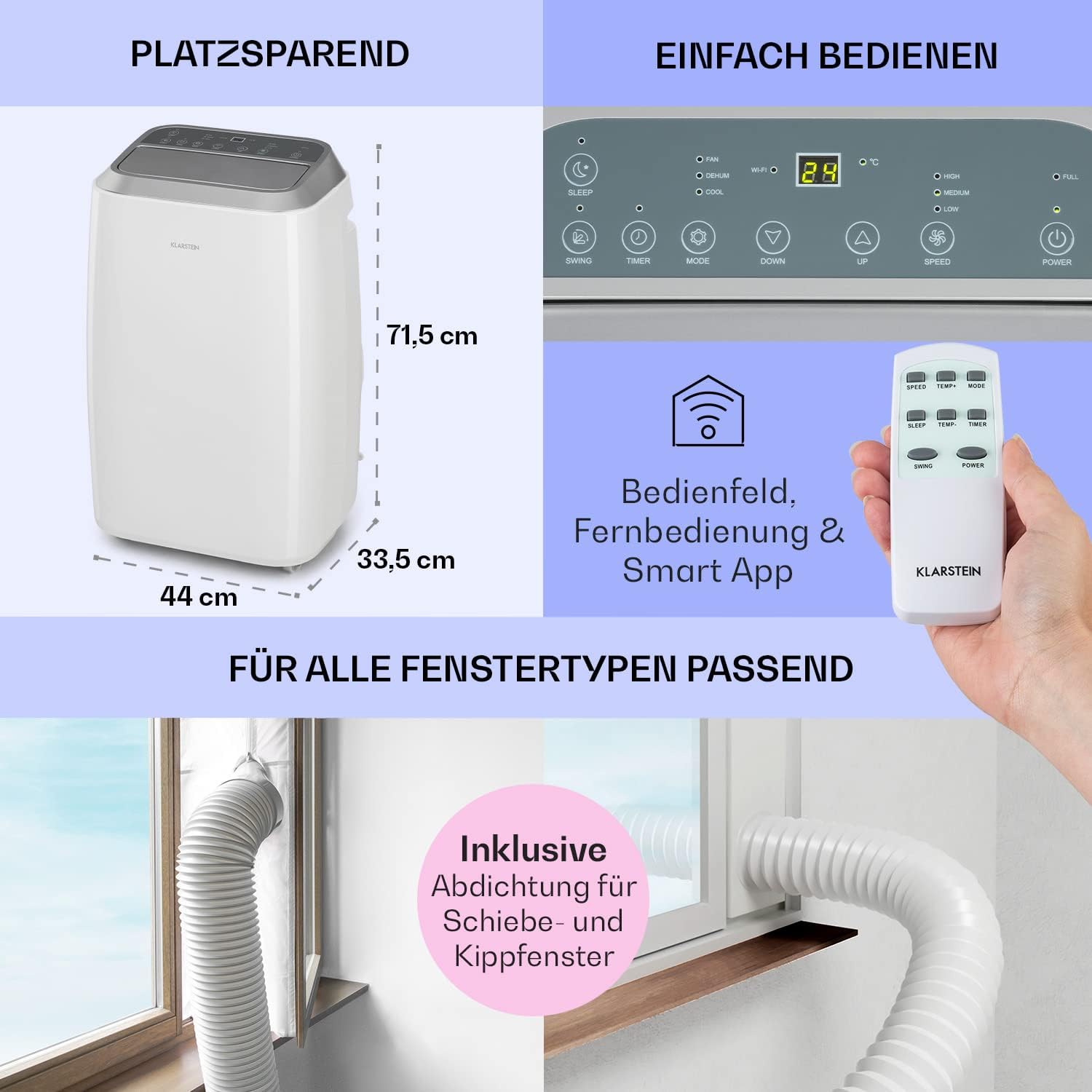 Klarstein Mobile Klimaanlage mit Abluftschlauch, 3-in-1 Klimagerät mit Ventilator, Luftentfeuchter & Nachtmodus, Kleine & Portable Klimaanlage für Wohnung & Büro, 12000 BTU Niedrig Verbrauch