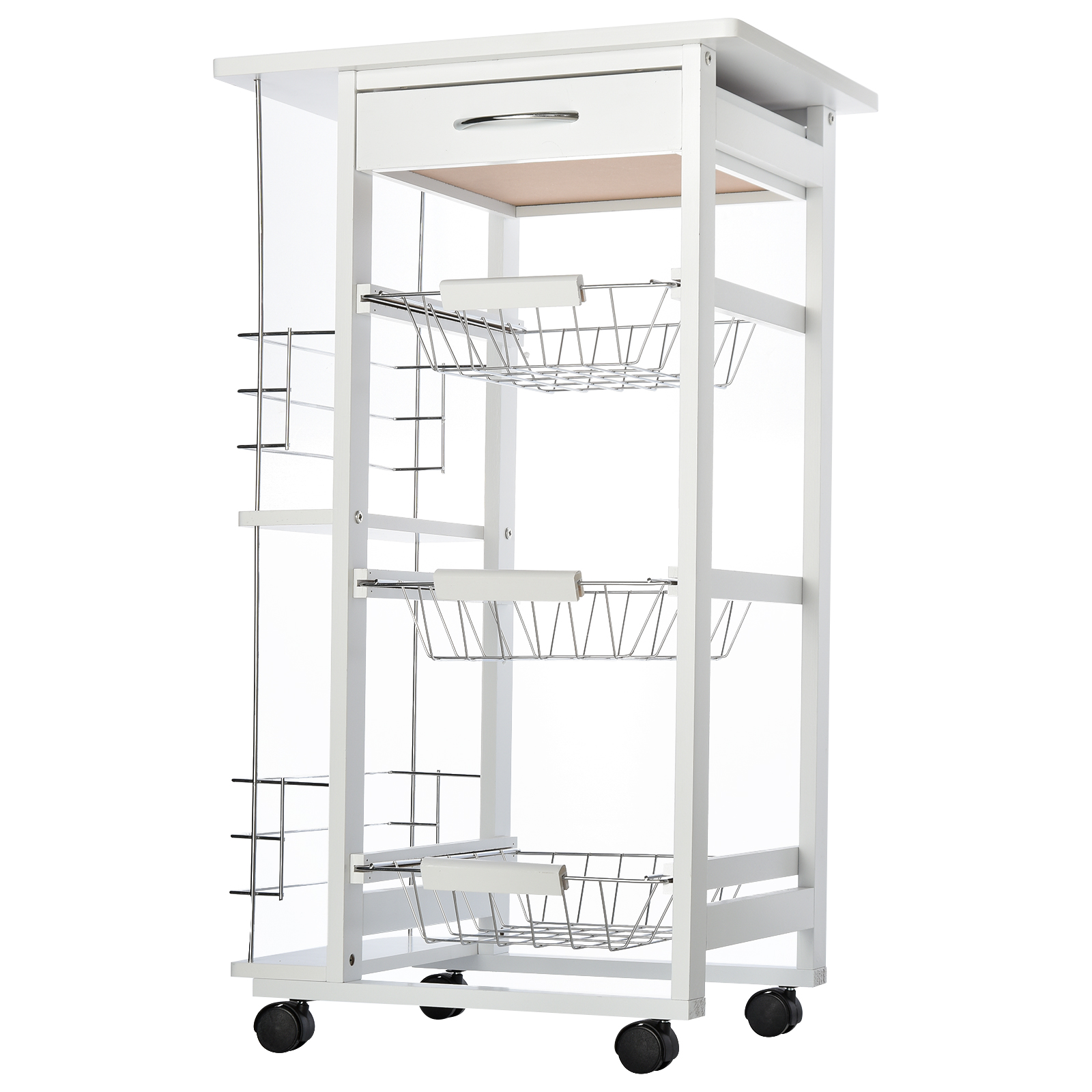 HOMCOM Servierwagen Küchenwagen auf Rollen Multi-Rangements 3 Metallkörbe Schublade + 2 Flaschenhalter Pinienholz Weiß