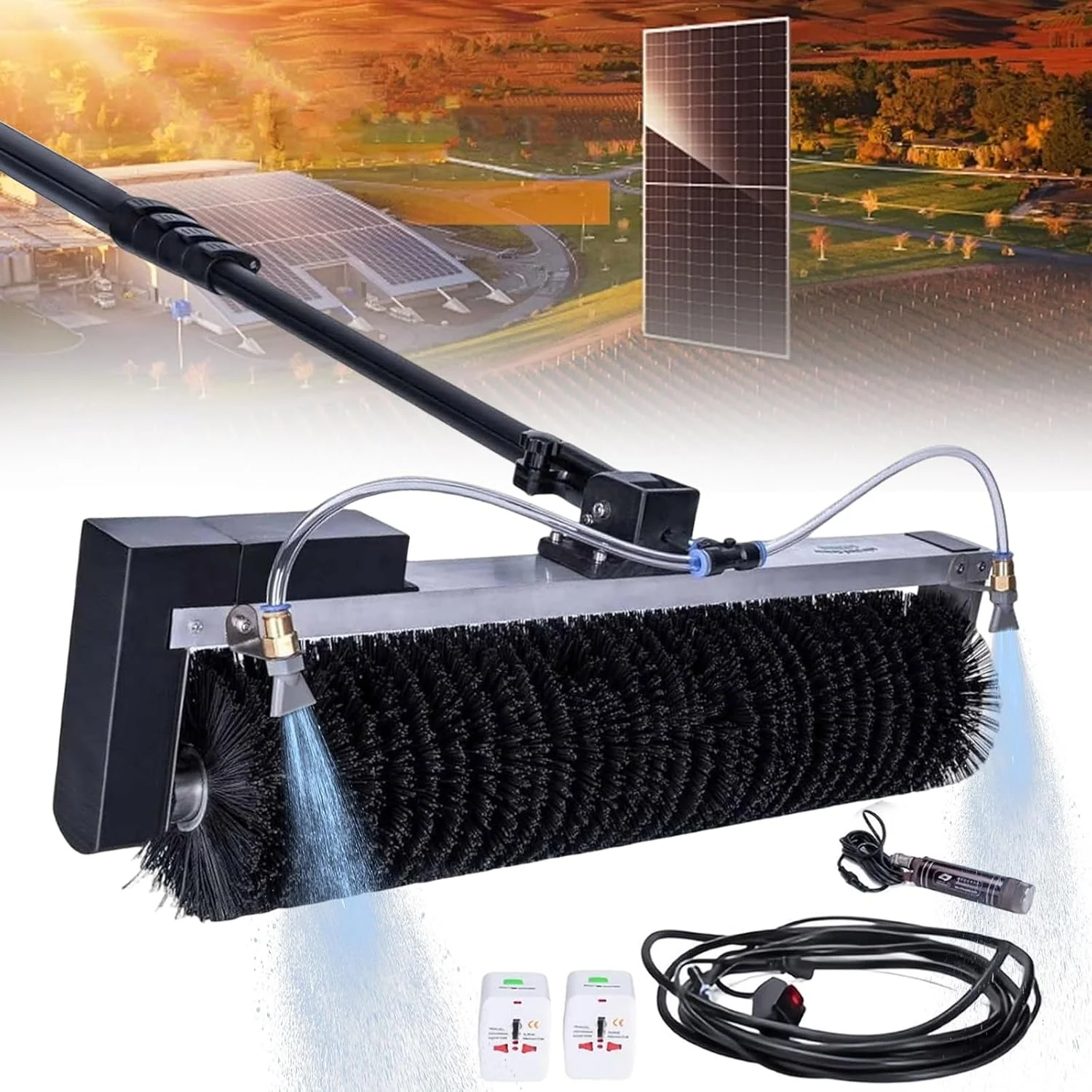 Elektrische Reinigungswalzenbürste, wassergespeistes Reinigungsstangenset mit rotierender Bürste (60 cm)/Reichweitenstange(5.5m/18ft), Solarmodul
