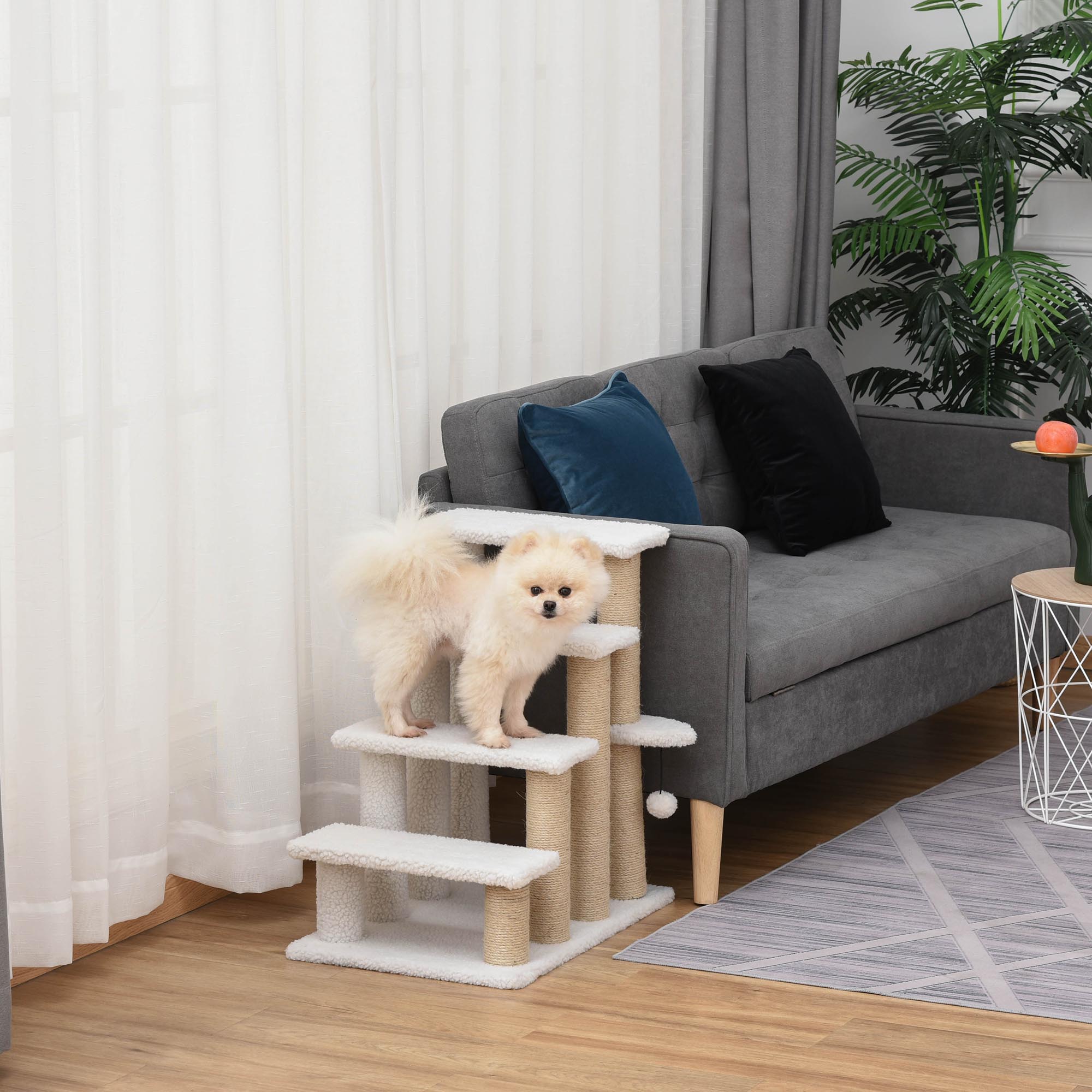 PawHut Katzentreppe 4-stufige Haustiertreppe mit Kratzsäulen Ball Hundetreppe Tiertreppe für Katzen bis 5 kg Plüsch Jute Weiß 60 x 40 x 64 cm