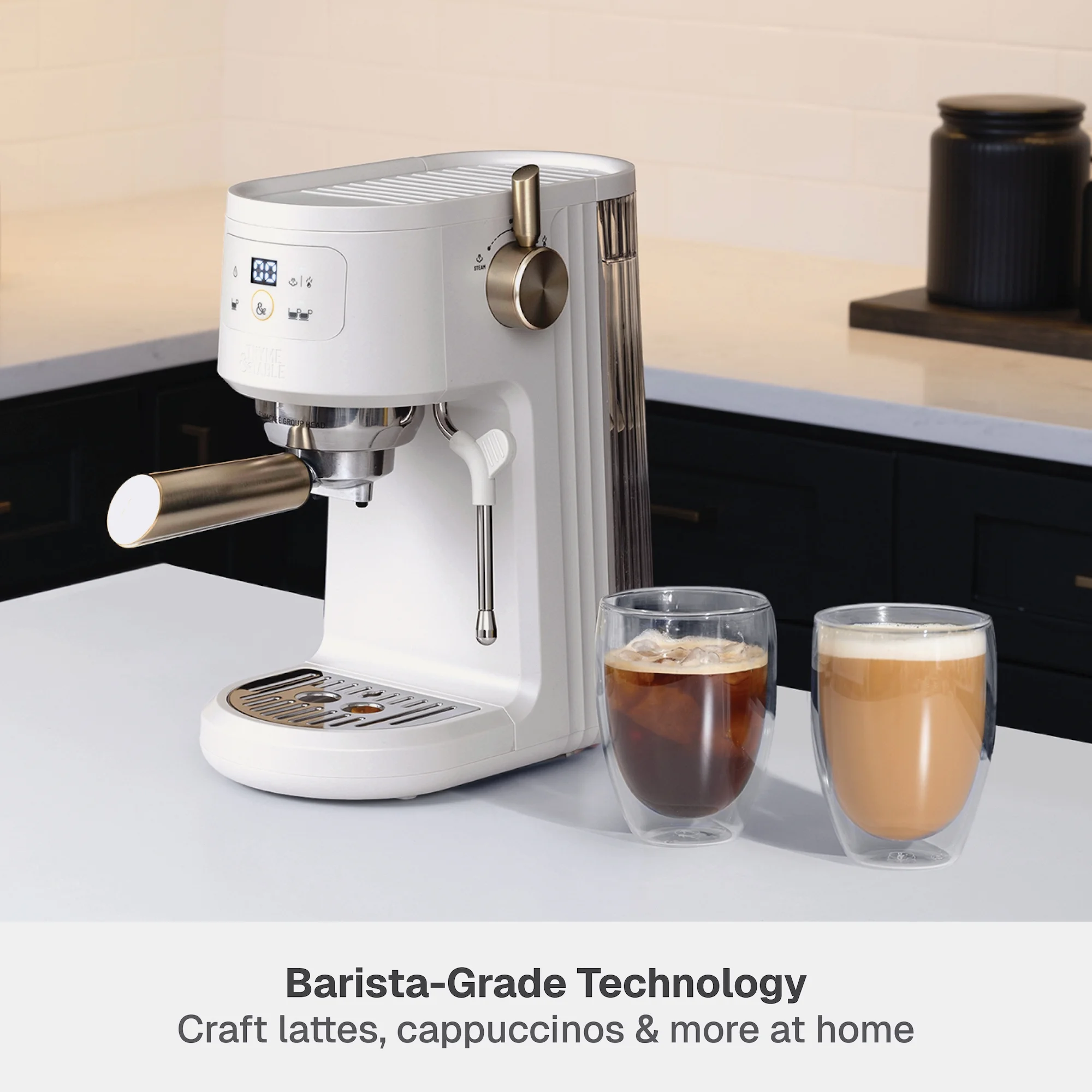 Thyme & Table Barista Mini Espresso Machine with 15-Bar Pressure and Steam Wand, Sand White