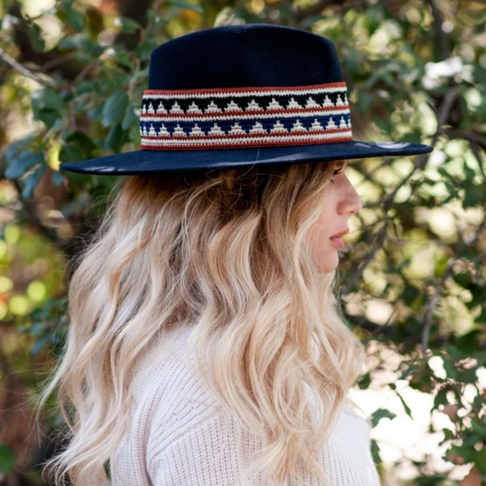 Wool Fedora Navy Wide Brim Woven Braid Band Hat �?Designed in France, Made in Italy