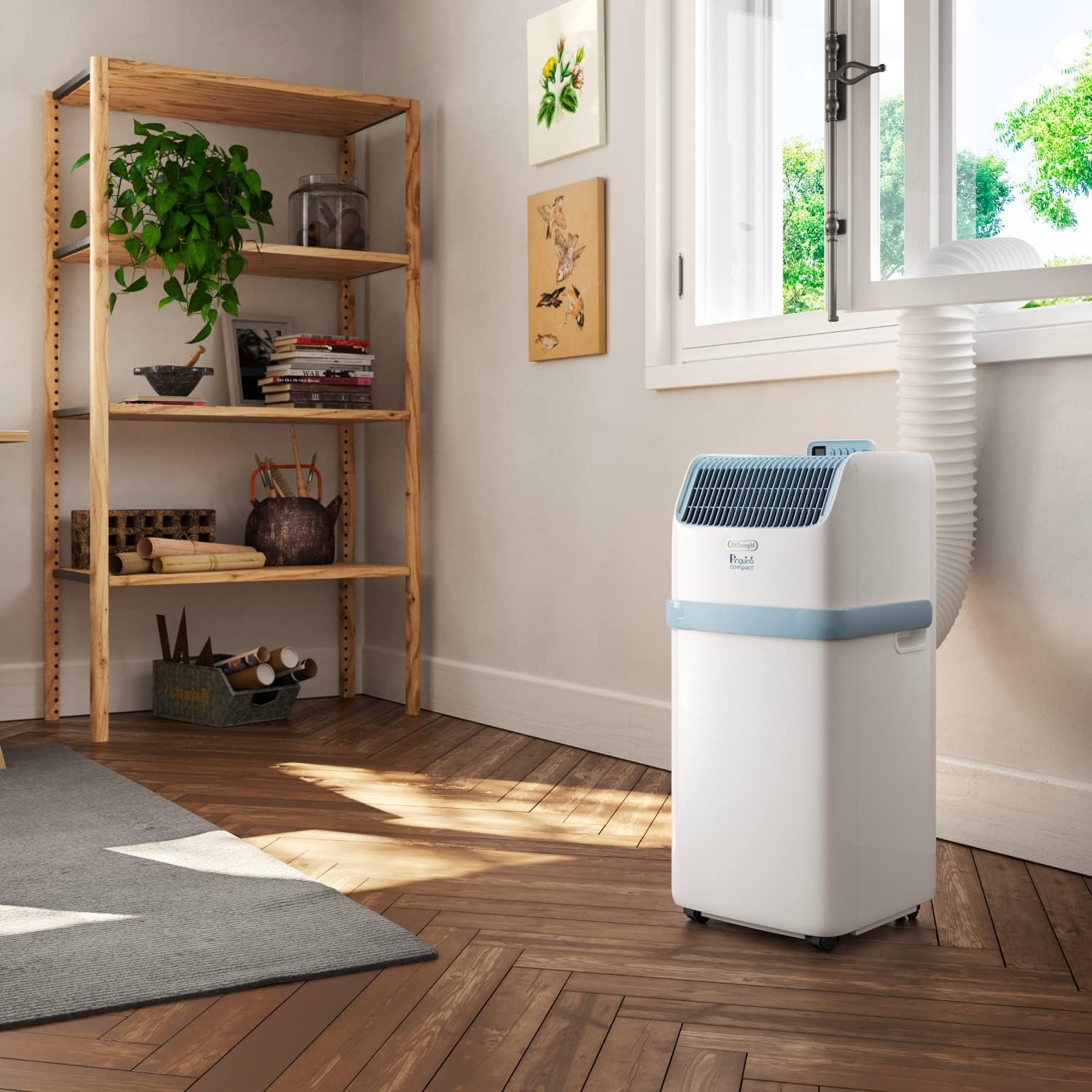 De'Longhi Pinguino PAC EM82, Mobile Klimaanlage für Rume bis zu 80 m, 9.400 BTU, 2,4 kW, 63 dB, Entfeuchtungsfunktion, Energieklasse A, 24h-Timer, Wei