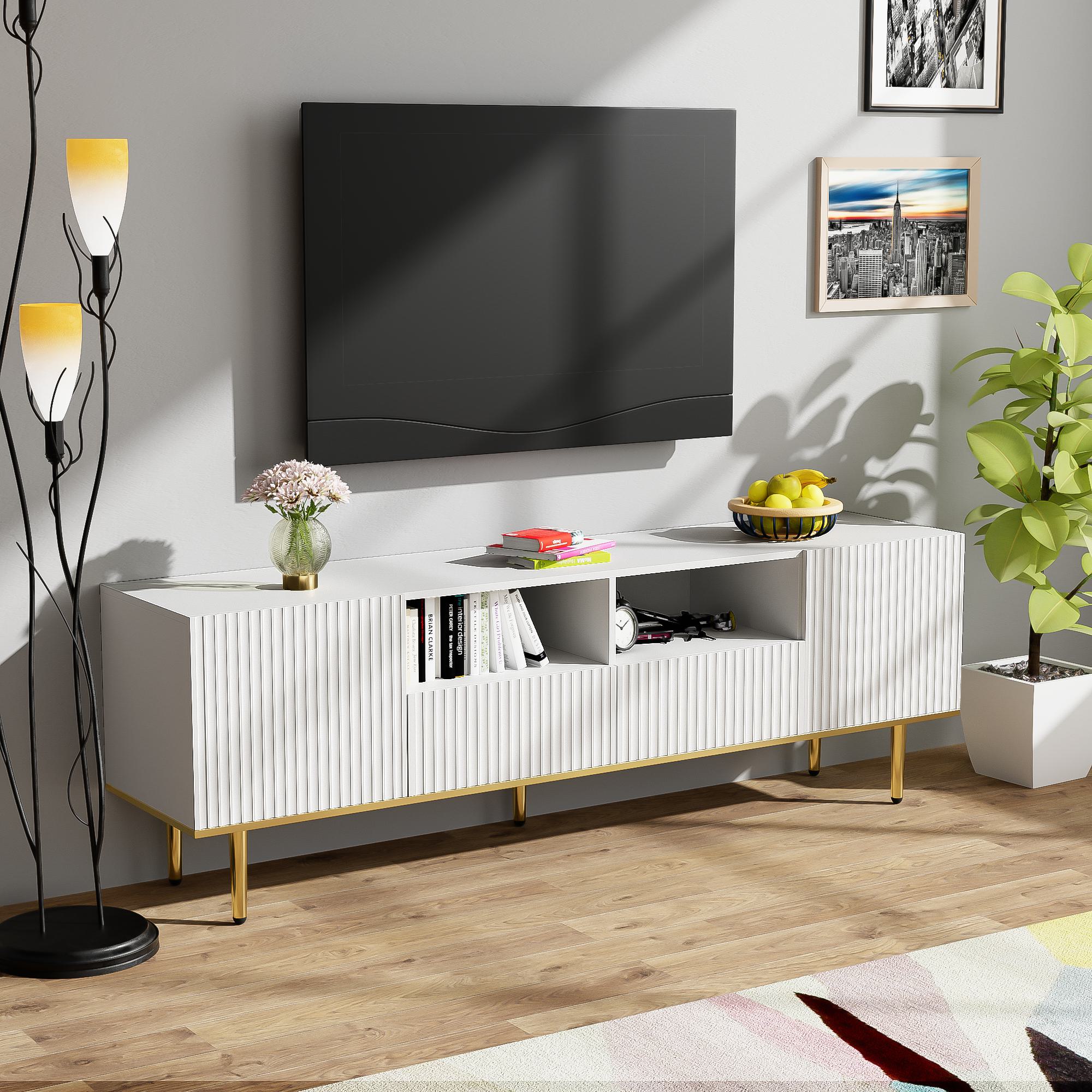 Moderner TV-Schrank mit vergoldeten Akzenten und Stauraum, weiß