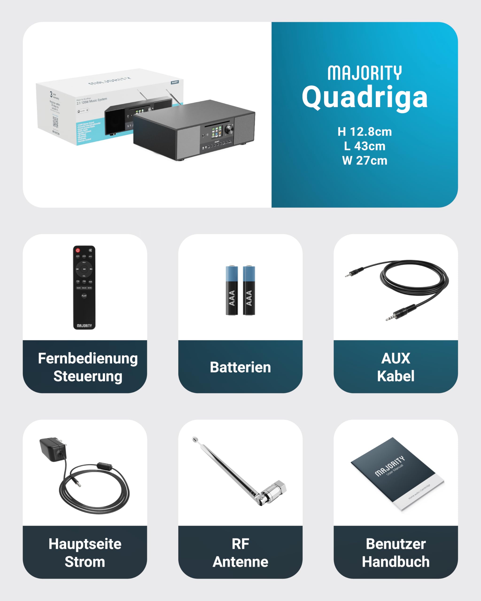 Internetradio-Stereoanlage Quadriga 120 W 2.1 DAB+ UKW WLAN Bluetooth CD-Player Spotify Connect Subwoofer mit Fernbedienung