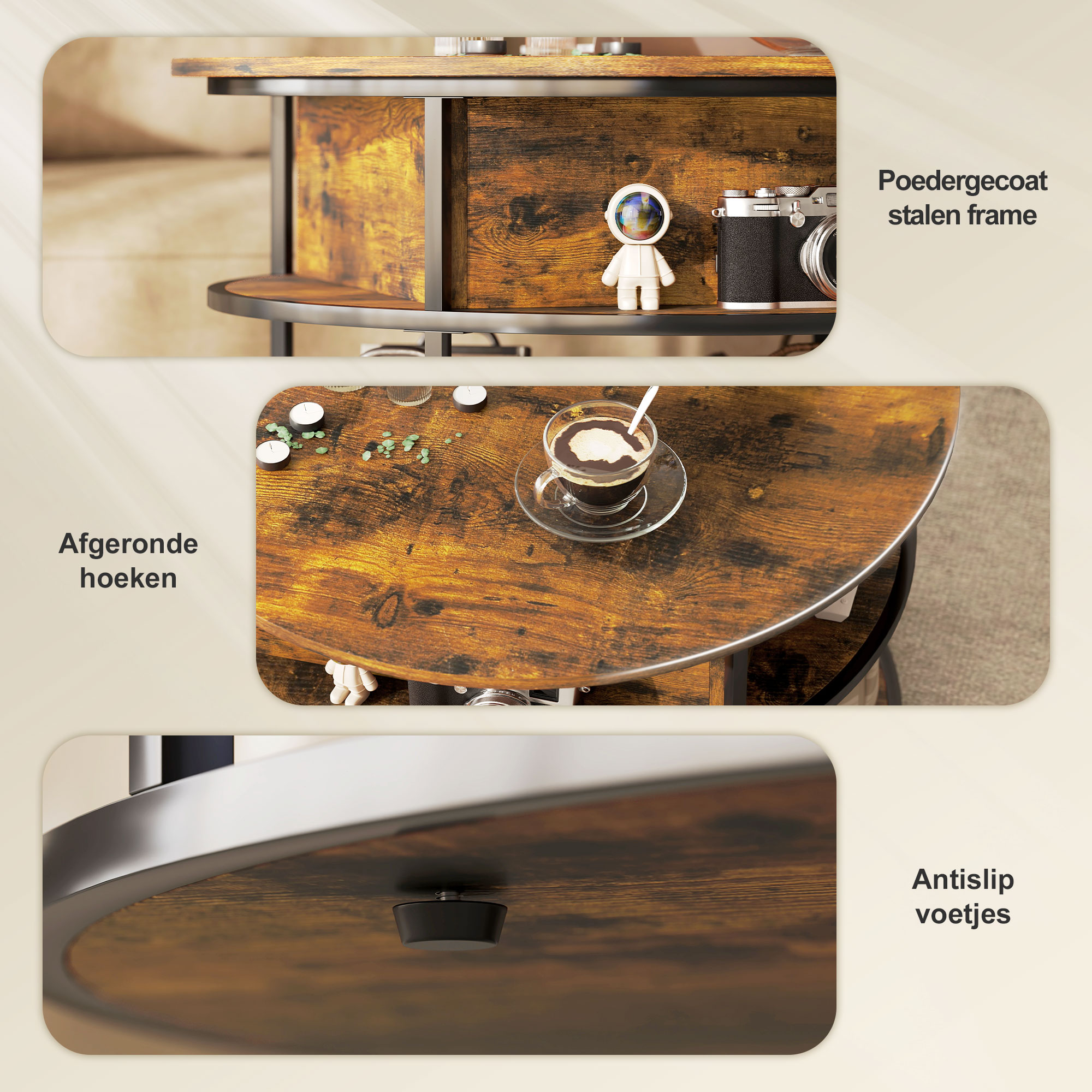 HOMCOM Ronde Koffietafel met Ophefbaar Tafelblad, Opbergruimte, Zijvakken, Stalen Frame, Salontafel, Bruin