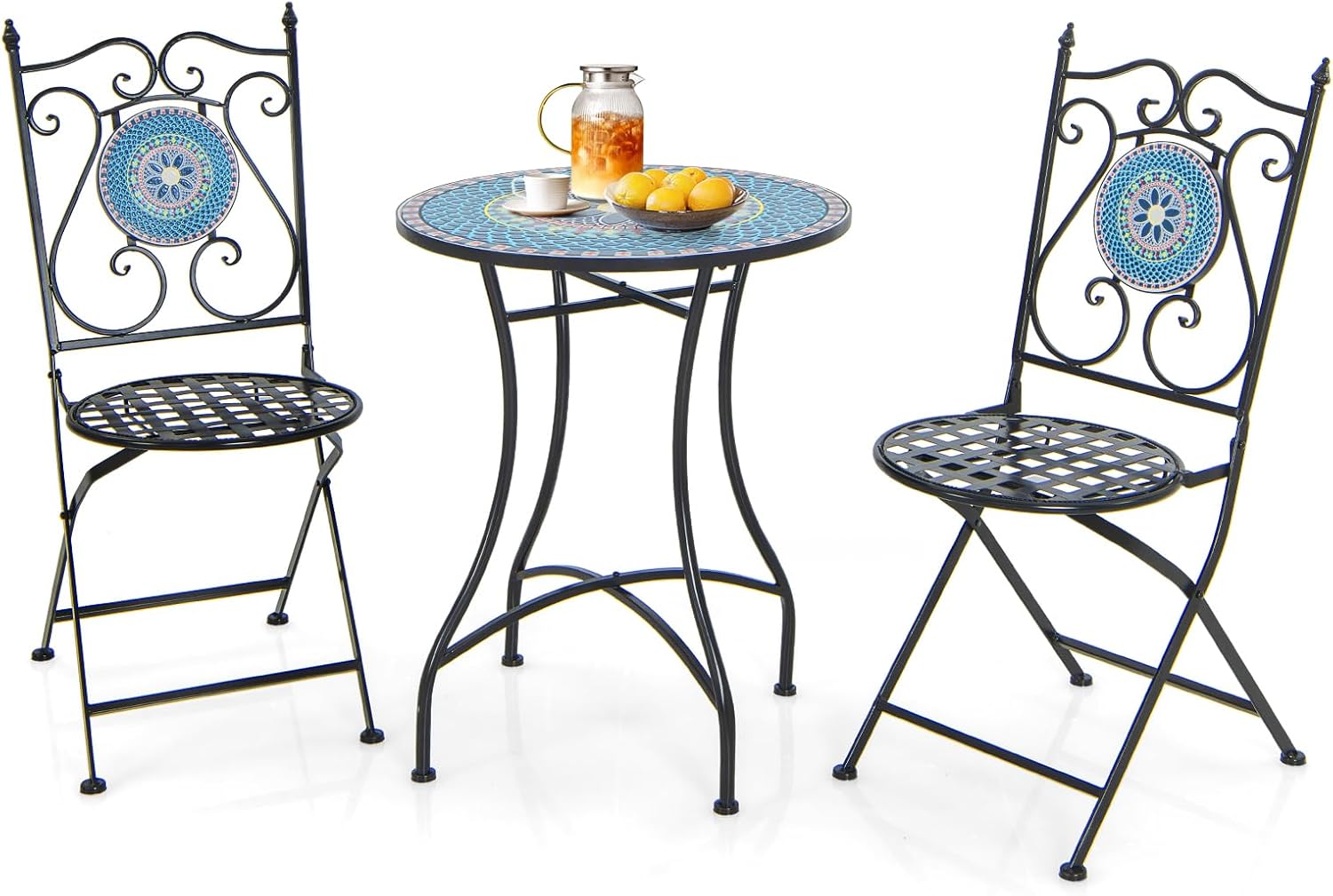GYMAX Garden Table and Chairs Set, Round Side Table and 2 Folding Chairs with Backrest, Metal Frame, Modern Mosaic Look for Balcony, Patio (Style 2)