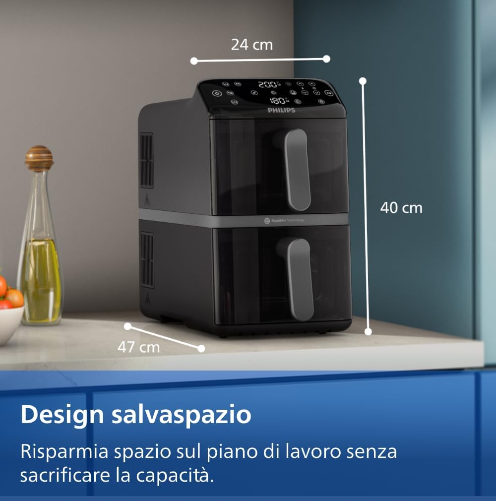 Philips Airfryer Serie 4000, Friggitrice ad Aria Doppio cestello Verticale da 10L, Tecnologia RapidAir, Funzione Sync, Rivestimento in ceramica no PFAS, Finestre, 45% più piccola (NA460/00)