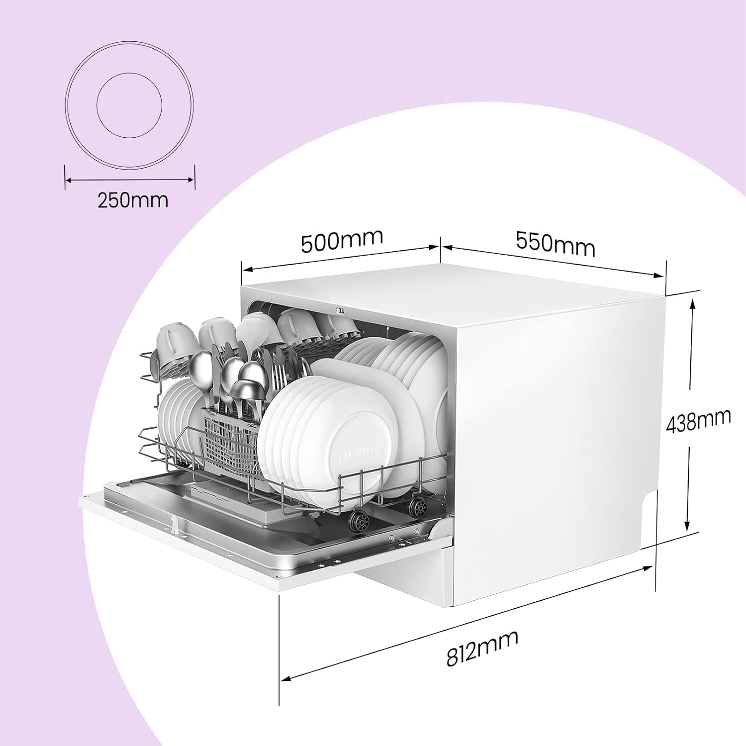 Lavastoviglie compatta da tavolo TD602E-W Mini lavastoviglie con 6 coperti, 6 programmi, display a LED, avvio ritardato e funzione di lavaggio nelle Ore non di Punta - Bianco