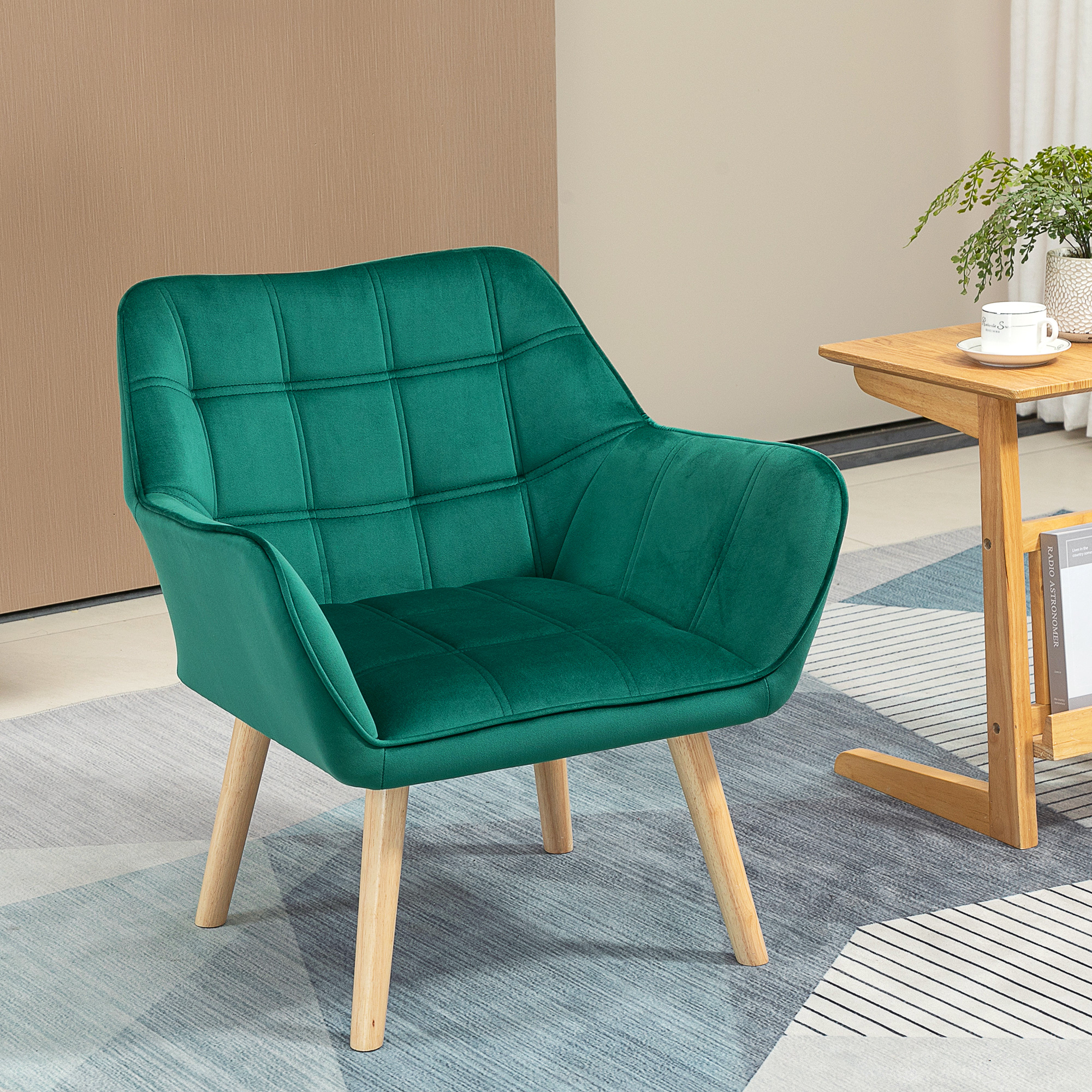 HOMCOM Polstersessel, Akzentsessel, Skandi Design, Samtoptik, bis 120 kg, Kautschukholzbeine, Grün