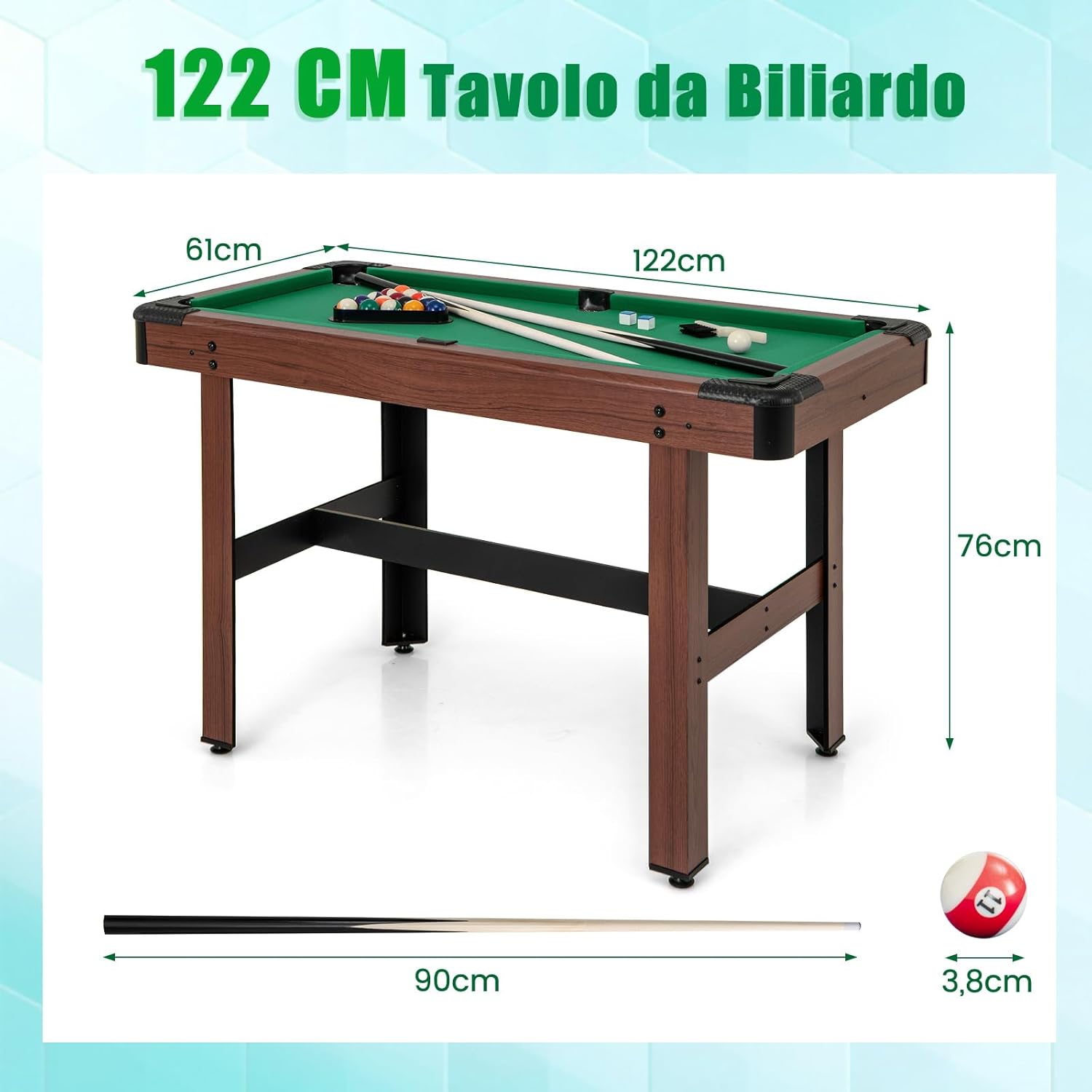 COSTWAY Tavolo da Biliardo, Tavolo da Gioco Biliardo in Legno con Set di Palline 2 Steccette 2 Gessi Triangolo Spazzola, Mini Tavolo da Biliardo per Sala Giochi bar Palestra, 122x61x76 cm