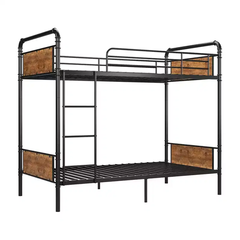 Twin Bunk Bed, Heavy Duty Industrial Metal Bunkbeds with Safety Guard Rails, Convertible to Two Beds