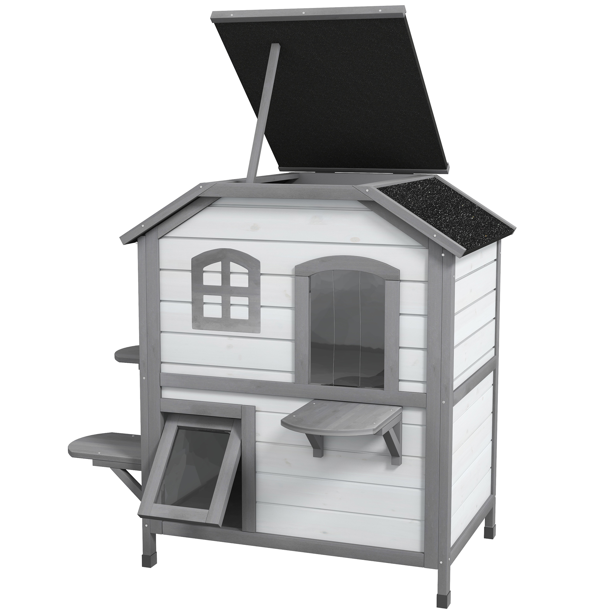 PawHut Katzenhaus Katzenhütte Katzenhöhle, 2 Stockwerke, wetterbeständig, 78,1 cm x 55,2 cm x 90,8 cm, Weiß + Grau