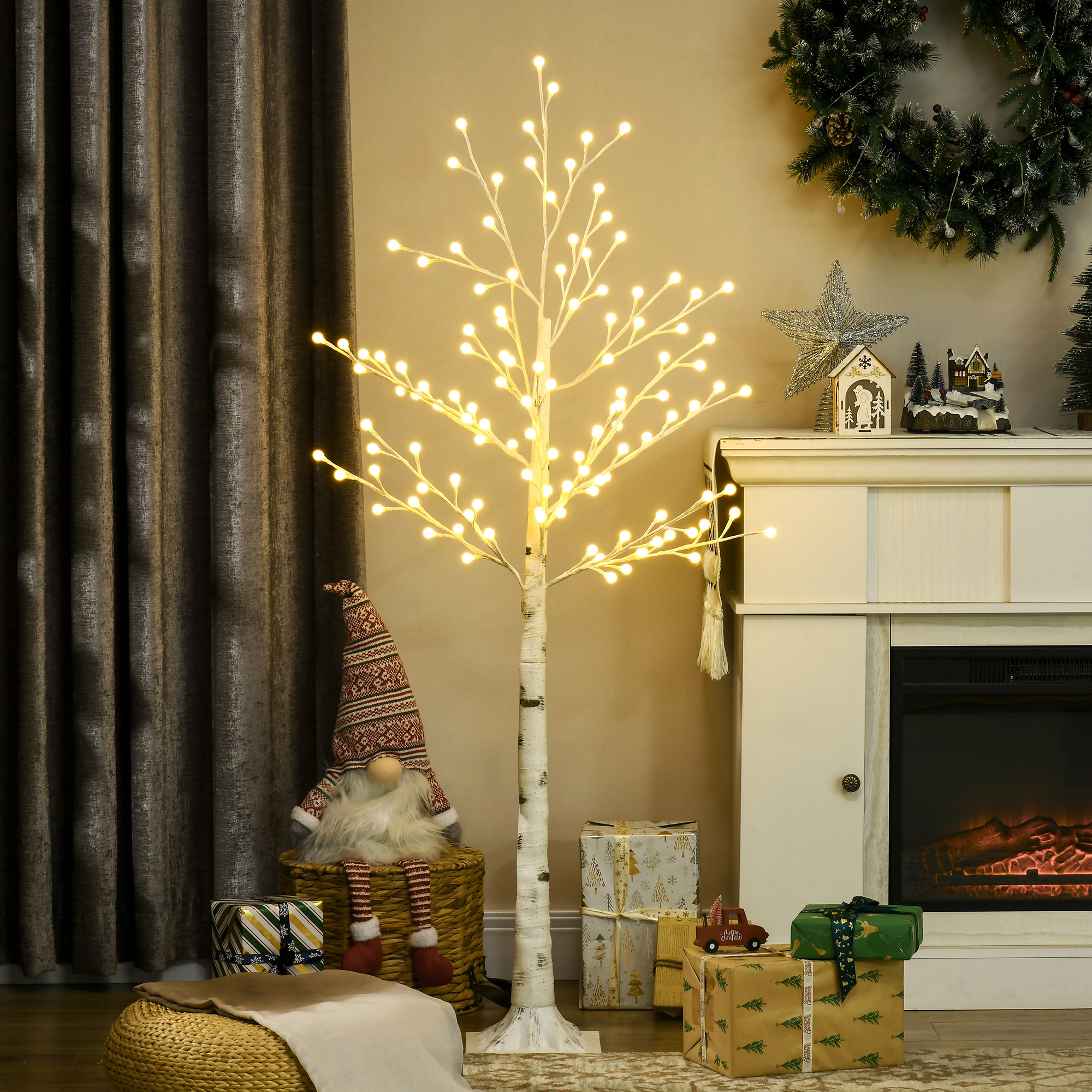 HOMCOM Künstliche Birke mit 120 LED-Lichtern, 3 Helligkeitsstufen, faltbare Äste, IP44, 150 cm, Weiß