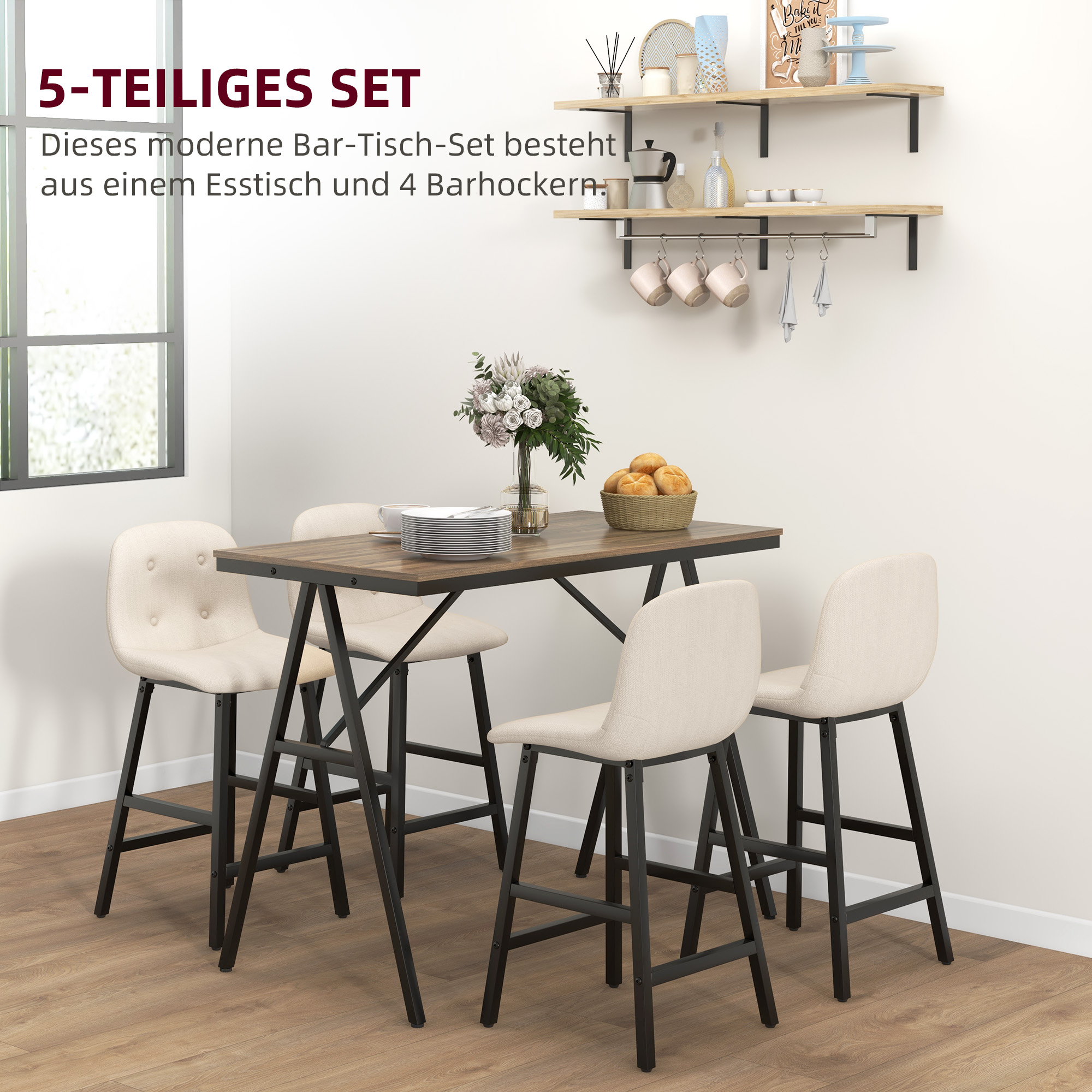 5-delige Bargarnituur, Tafel en 4 Stoelen, Knoopstiksel, Dikke Bekleding, Linnenlook, Beige