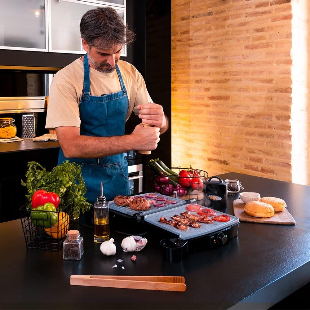 Cecotec Piastra e Griglia elettrica Rock'nGrill 2000 Stone Ceramic Mix&Grill. 2000 W, Grill, Griglia, Ferro e Sandwichera, Rivestimento Ceramico, Superfie Misto Apertura 180°, Scatola Raccolta, Inox