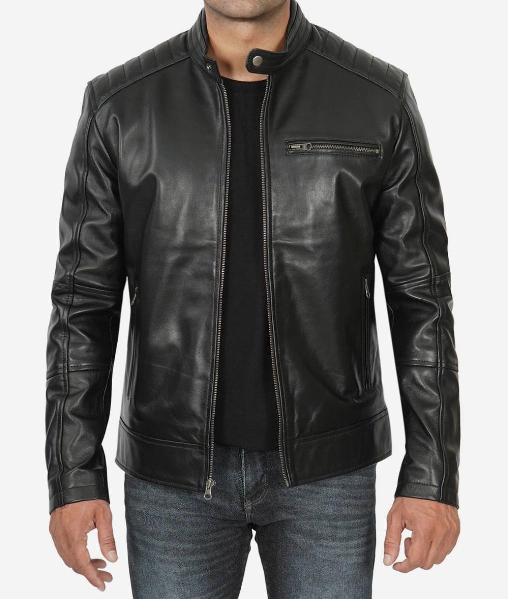 Mens Padded Shoulder Black Leather Jacket
