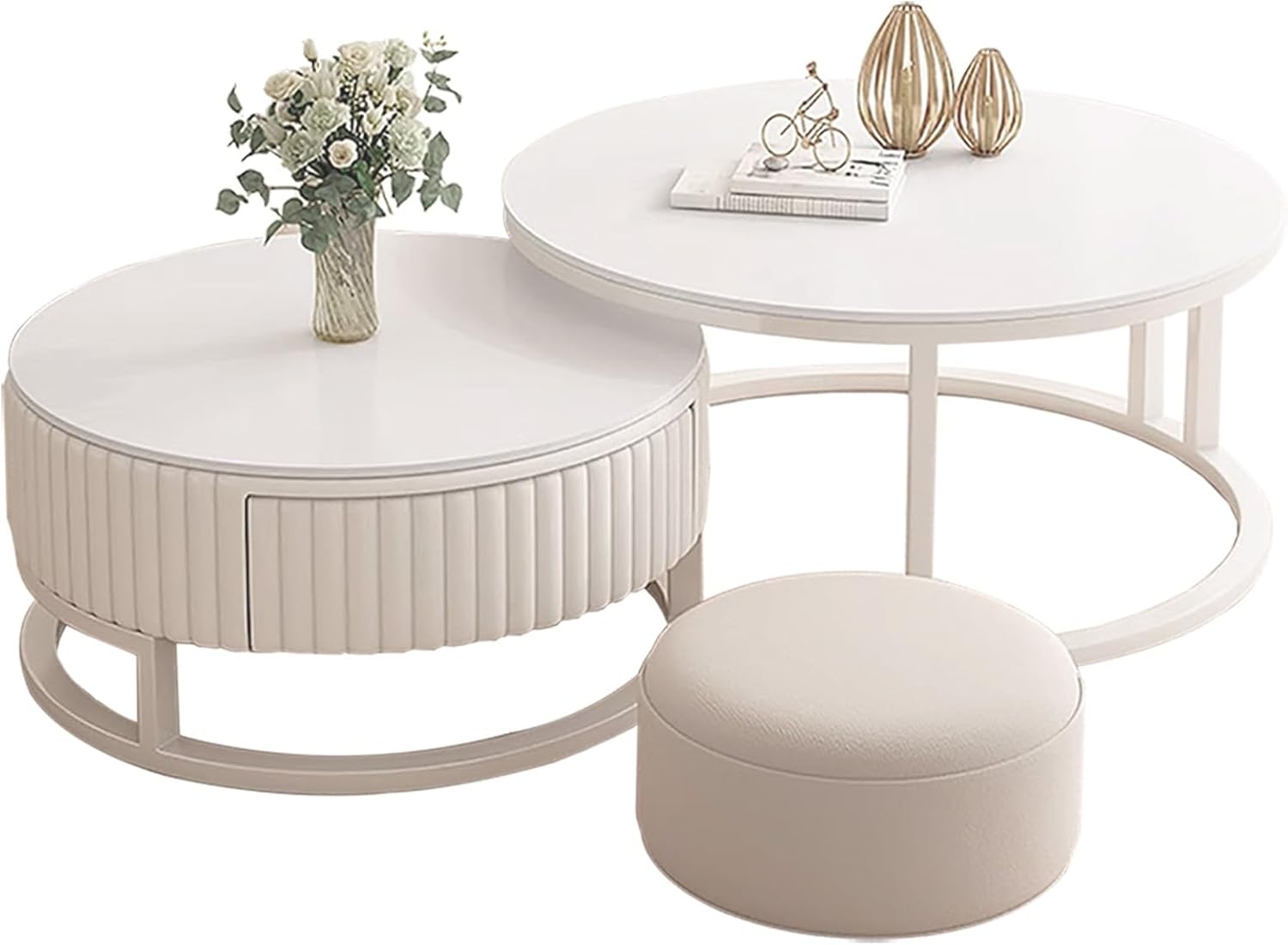 2er Set Runder Couchtisch Weiss 50+70cm Coffee Table Nested Beistelltisch Wohnzimmertisch Kaffeetisch Satztische Für Wohnzimmer, Balkon Und Büro, Metallgestell