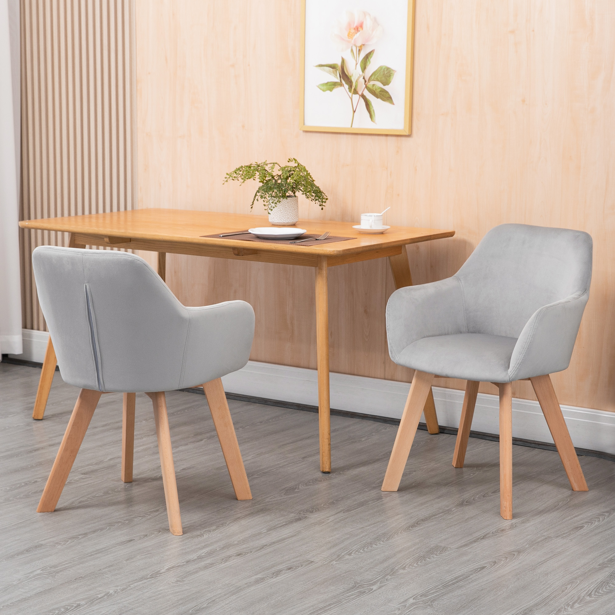 HOMCOM 2er-Set Stühle, Esszimmerstühle, Samtoptik, Holzbeine, 54 cm x 57 cm x 80 cm, Grau + Natur