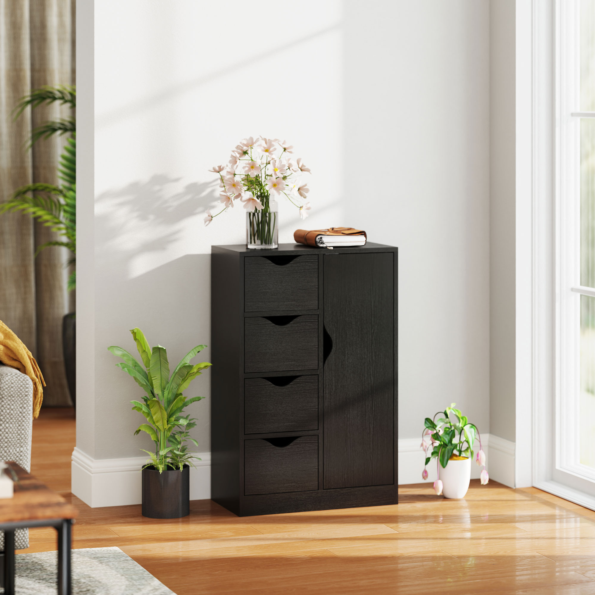 HOMCOM Buffet Kommode 1 Schrank und 4 Schubladen aus Holz für Wohnzimmer, Küche, Diele, Esszimmer, Schwarz
