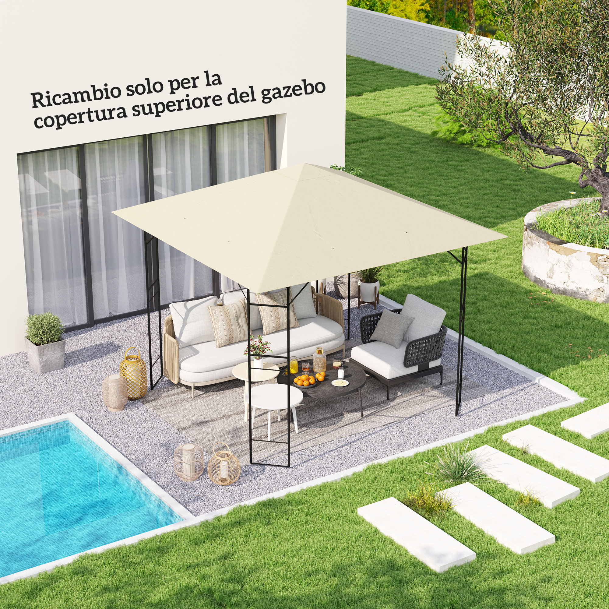 Outsunny Gartenpavillon-Dach 3x3 m mit 8 Entwässerungslöchern, aus Oxford 600D Gewebe, Cremeweiß