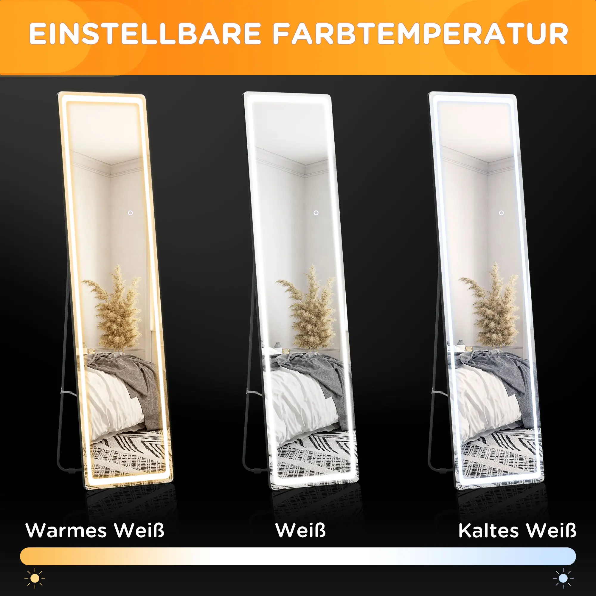 HOMCOM Standspiegel LED dimmbar 3 Lichtfarben freistehend/Wandmontage