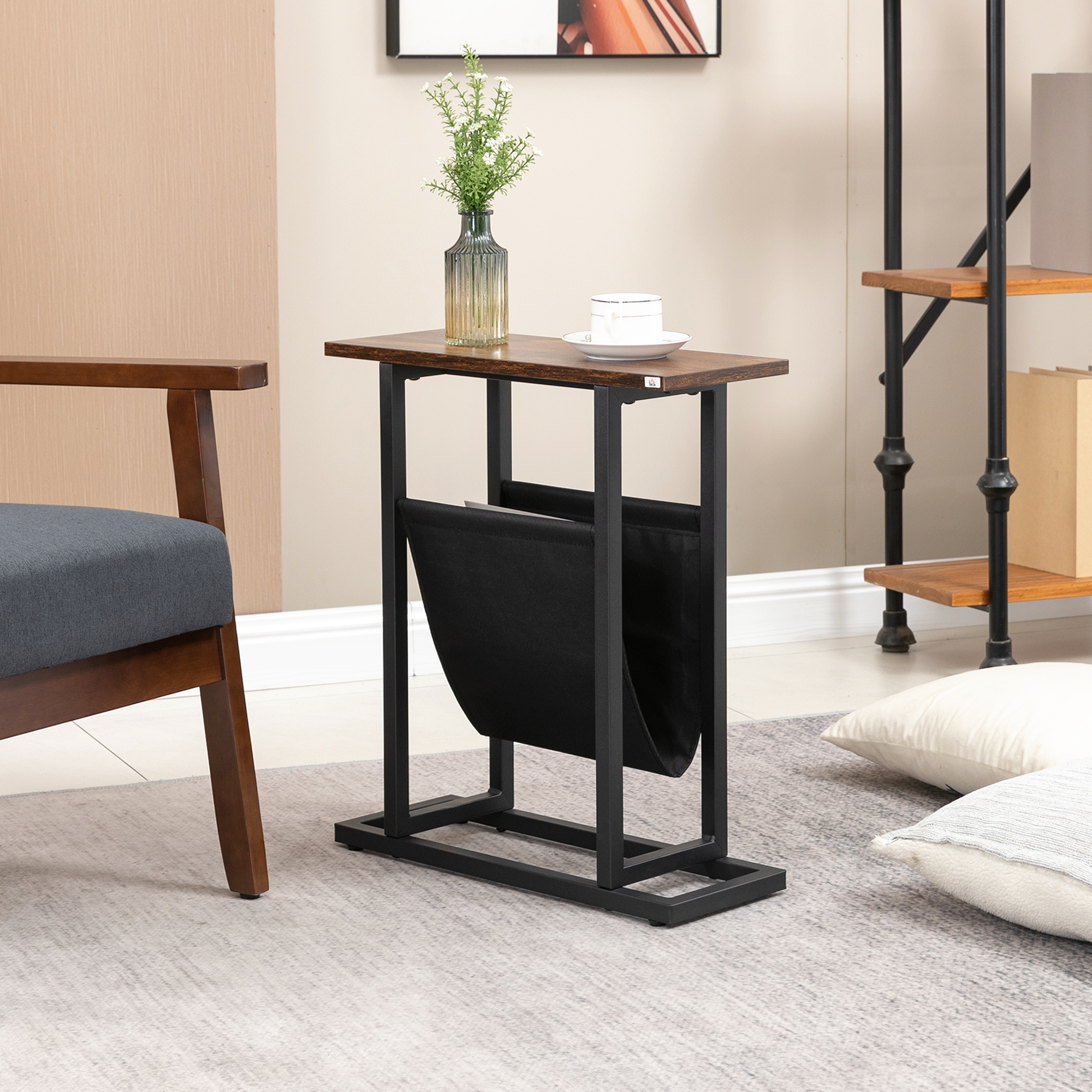 HOMCOM Beistelltisch, Nachttisch, schmales Design, mit Stofftasche, Stahl, dunkelbraun+schwarz, 49 x 19 x 55cm