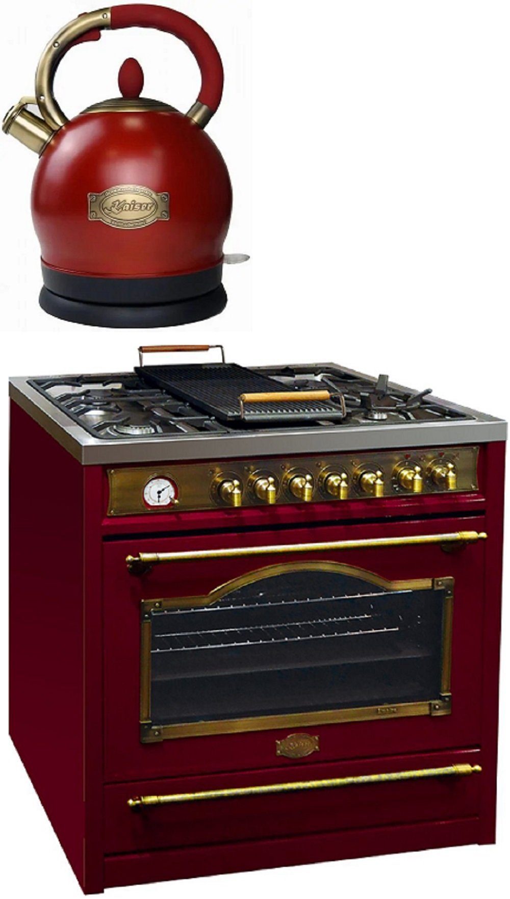 Gas-Standherd Empire HGE 93555 Rot+WK 2000 Rot, Gas Elektro Standherd 90 cm + Wasserkocher