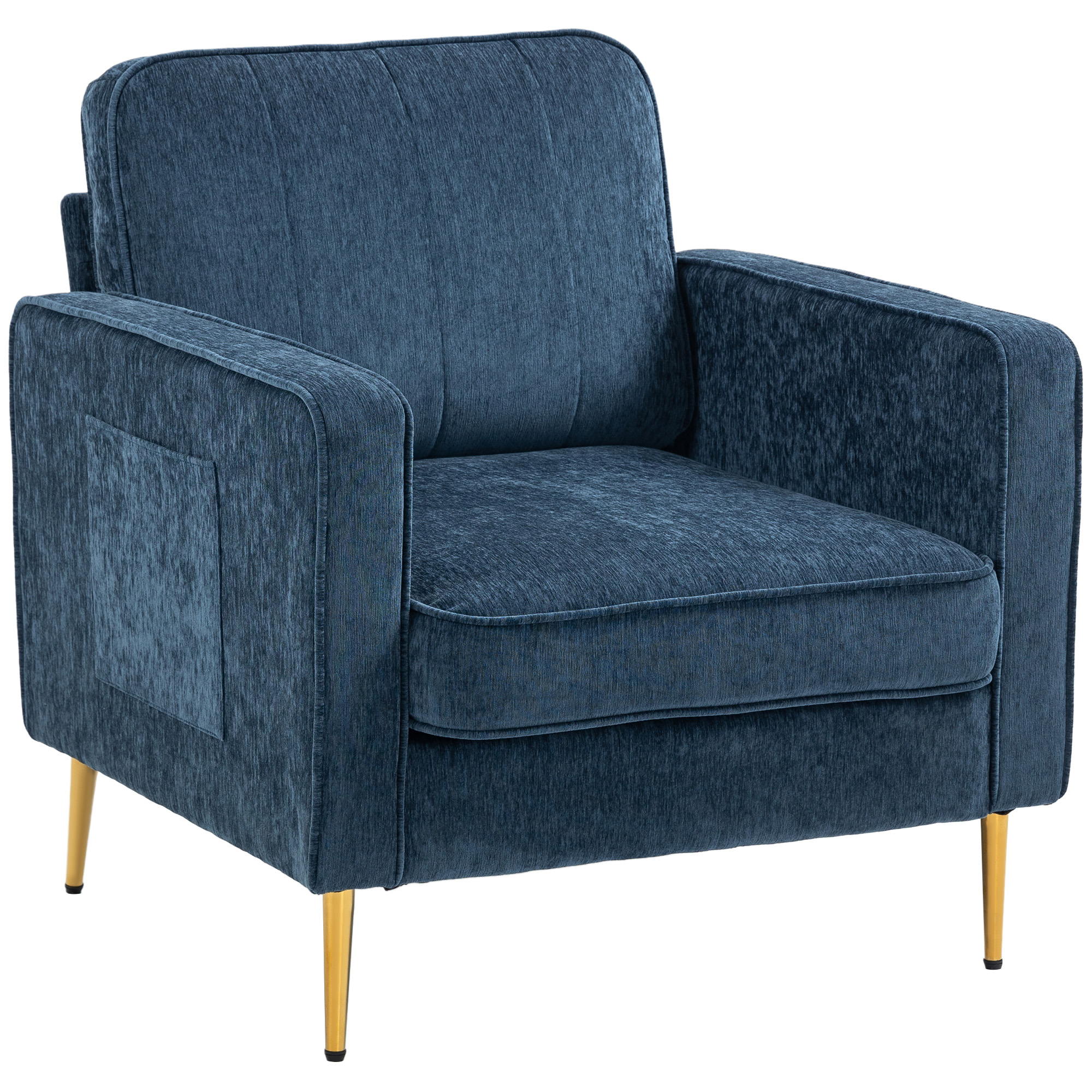 HOMCOM Stoffsessel mit goldenen Stahlbeinen, hoher Komfort, seitliche Taschen, für Wohnzimmer, Büro, Schlafzimmer, Blau