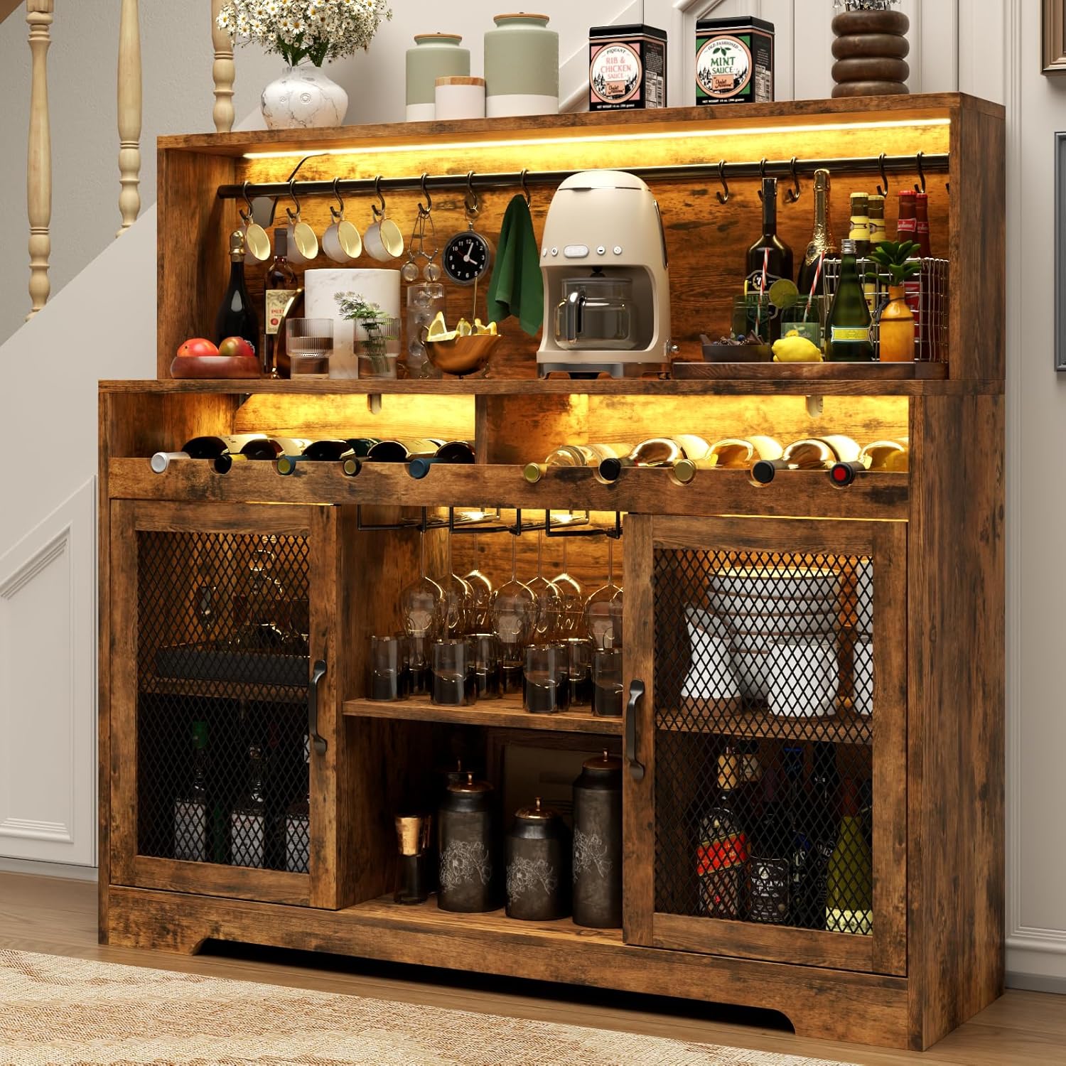 Wine Bar Cabinet with LED Light. Liquor Cabinet with Glass Holder. Coffee Bar for Liquor. Storage Buffet with Wine Racks. Wine Cabinet
